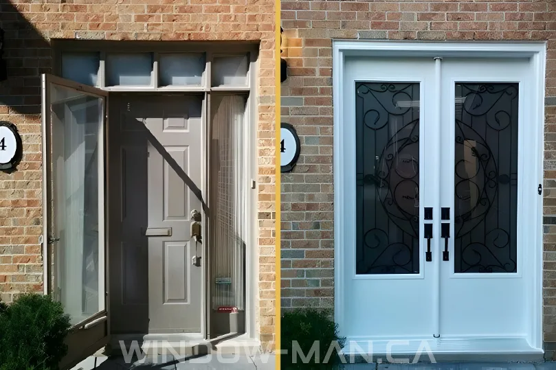 changing single door with sidelights and transom to 8-foot double door