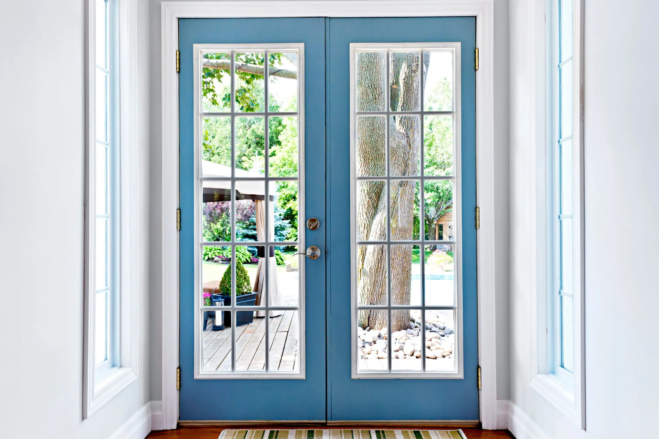 double door types and design ideas - blue double front doors with grilles