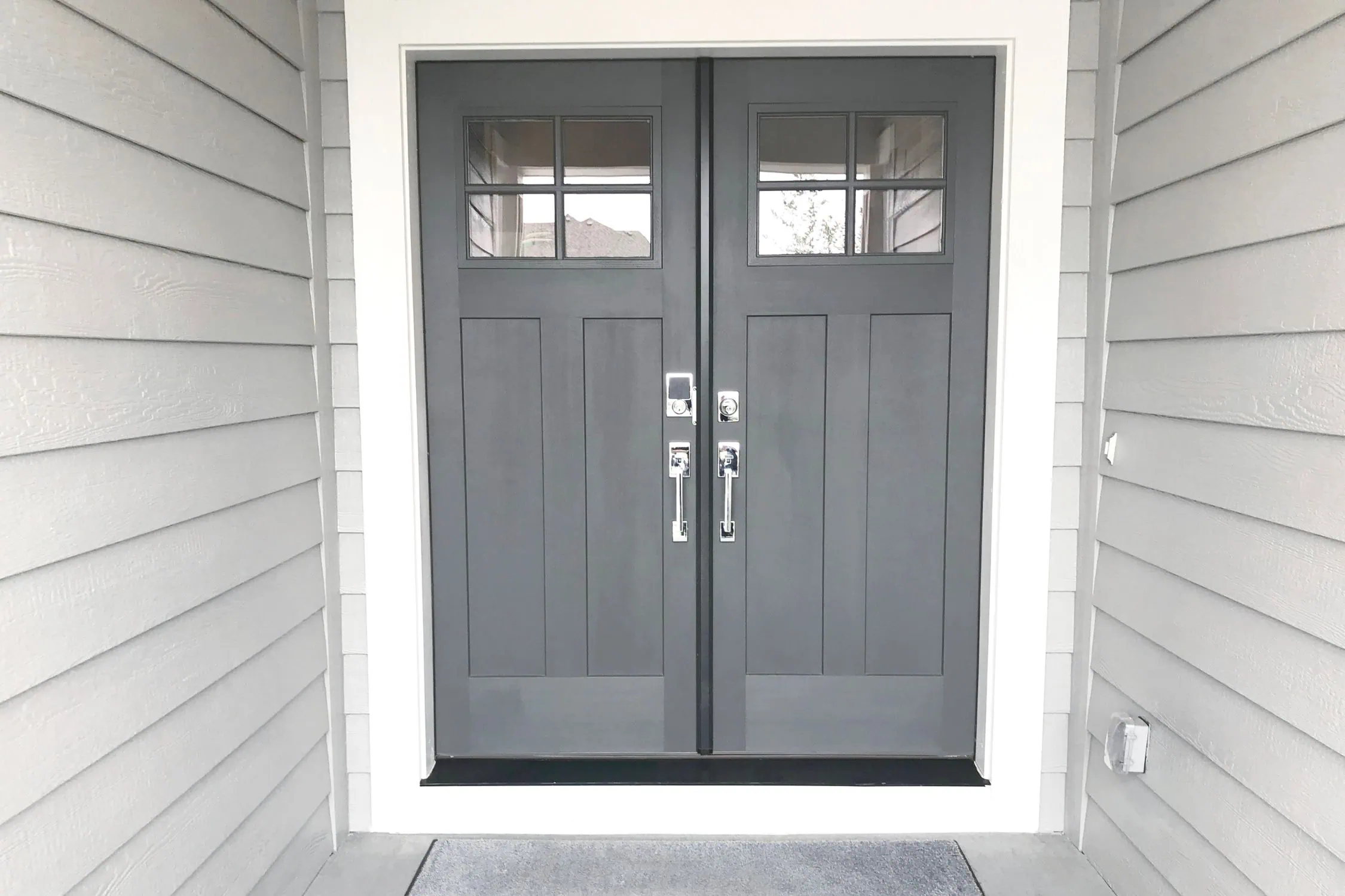 sliding door vs double door - farmhouse steel double front doors in grey