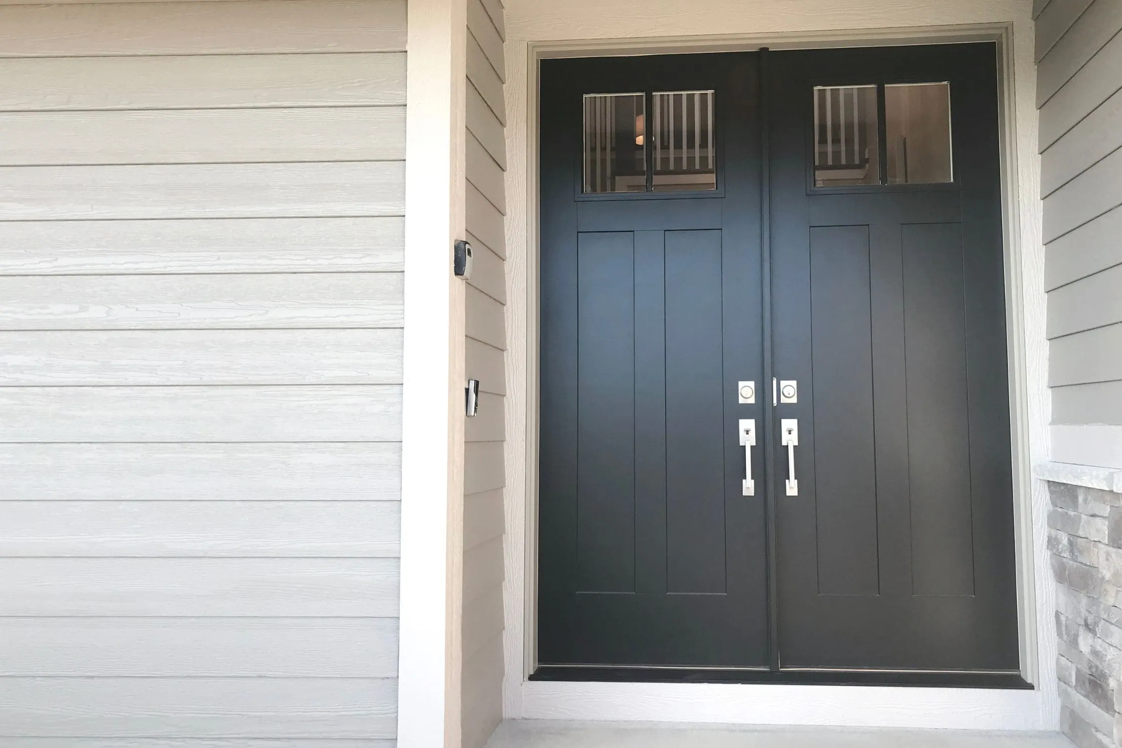 trending double door design - black doors with small windows, Craftsman style