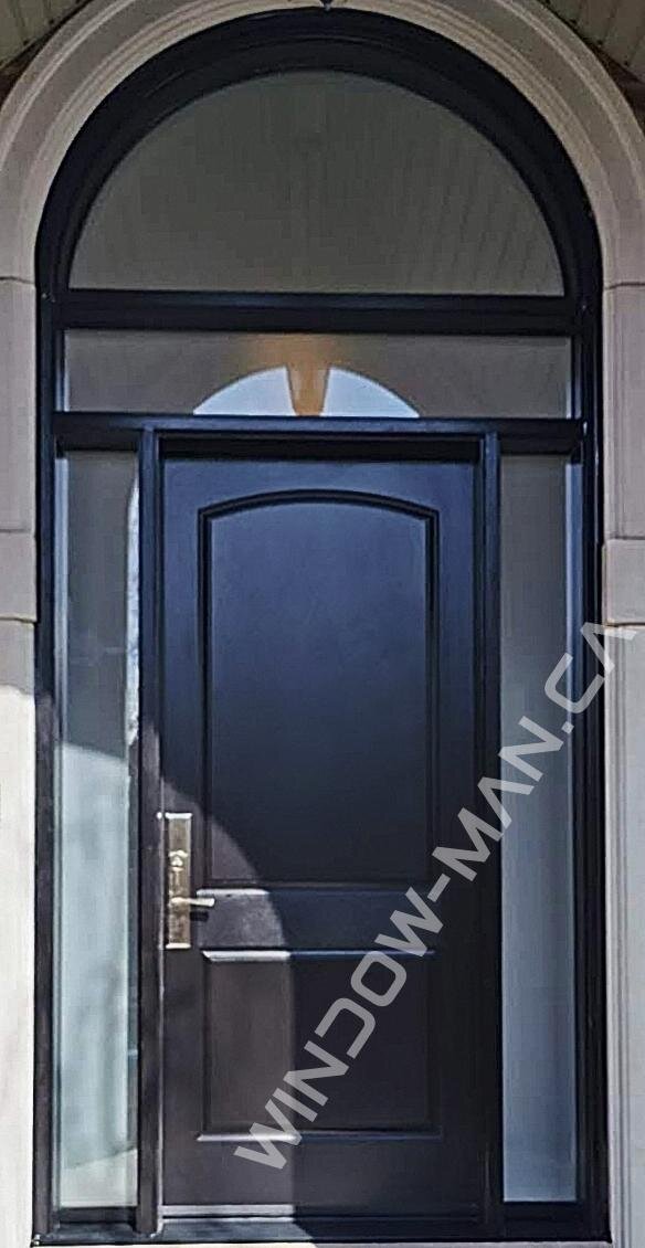 arched door fiberglass with sidelights in black with multipoint lock with half circle transom mahogany grain, 8ft, 96in, 42 inch wide