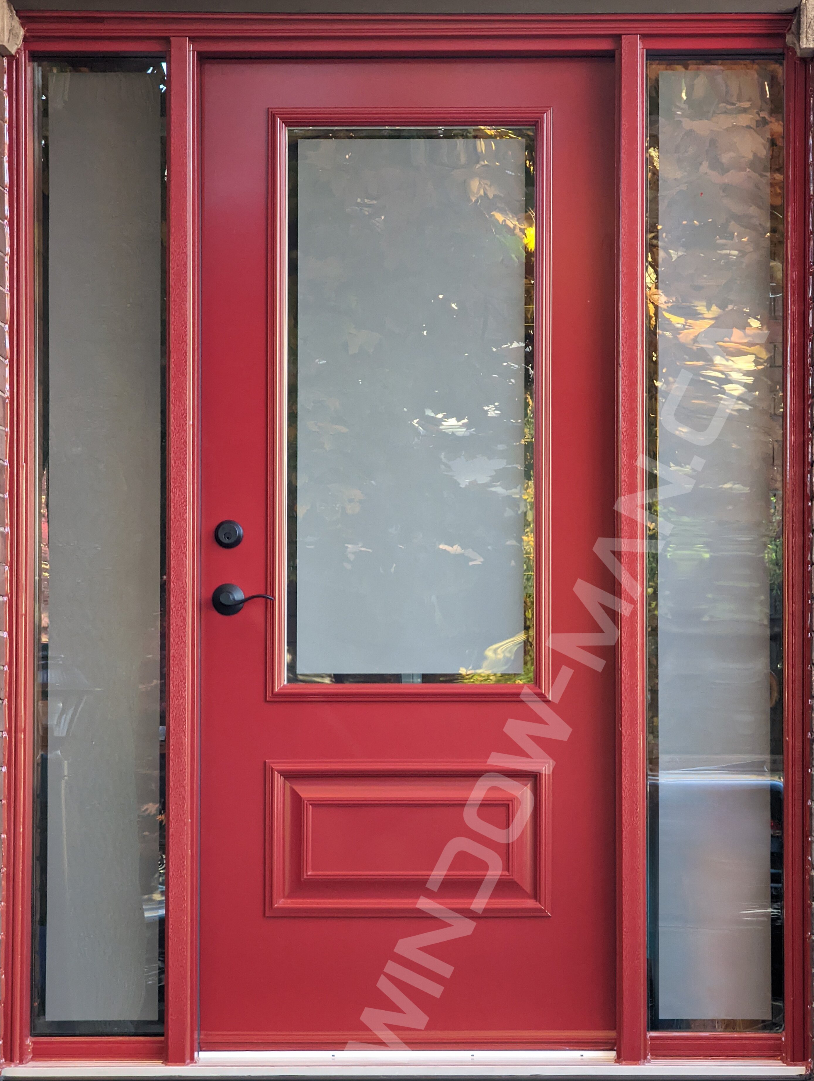 aztec red steel tall door with sidelights and 3/4 clear border glass