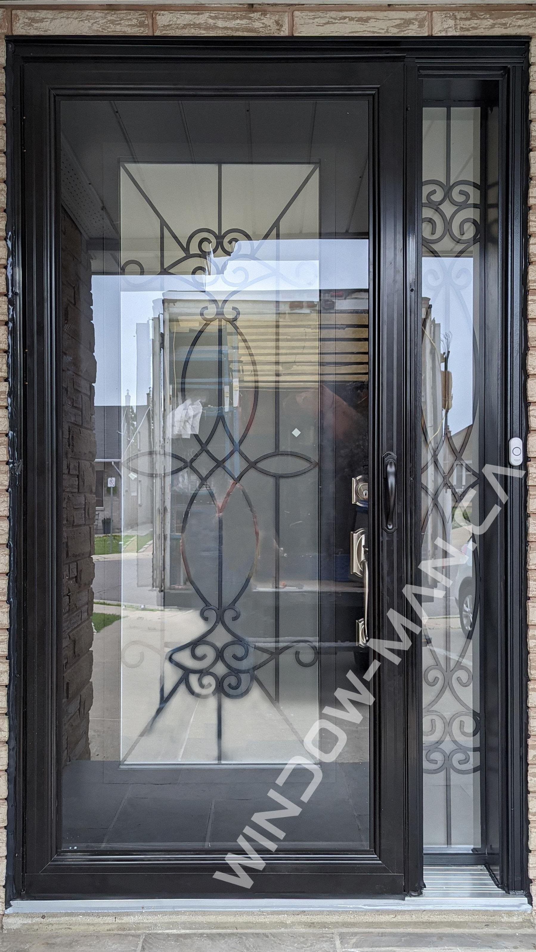 black door front with sidelight with blackburn full wrought iron glass storm door