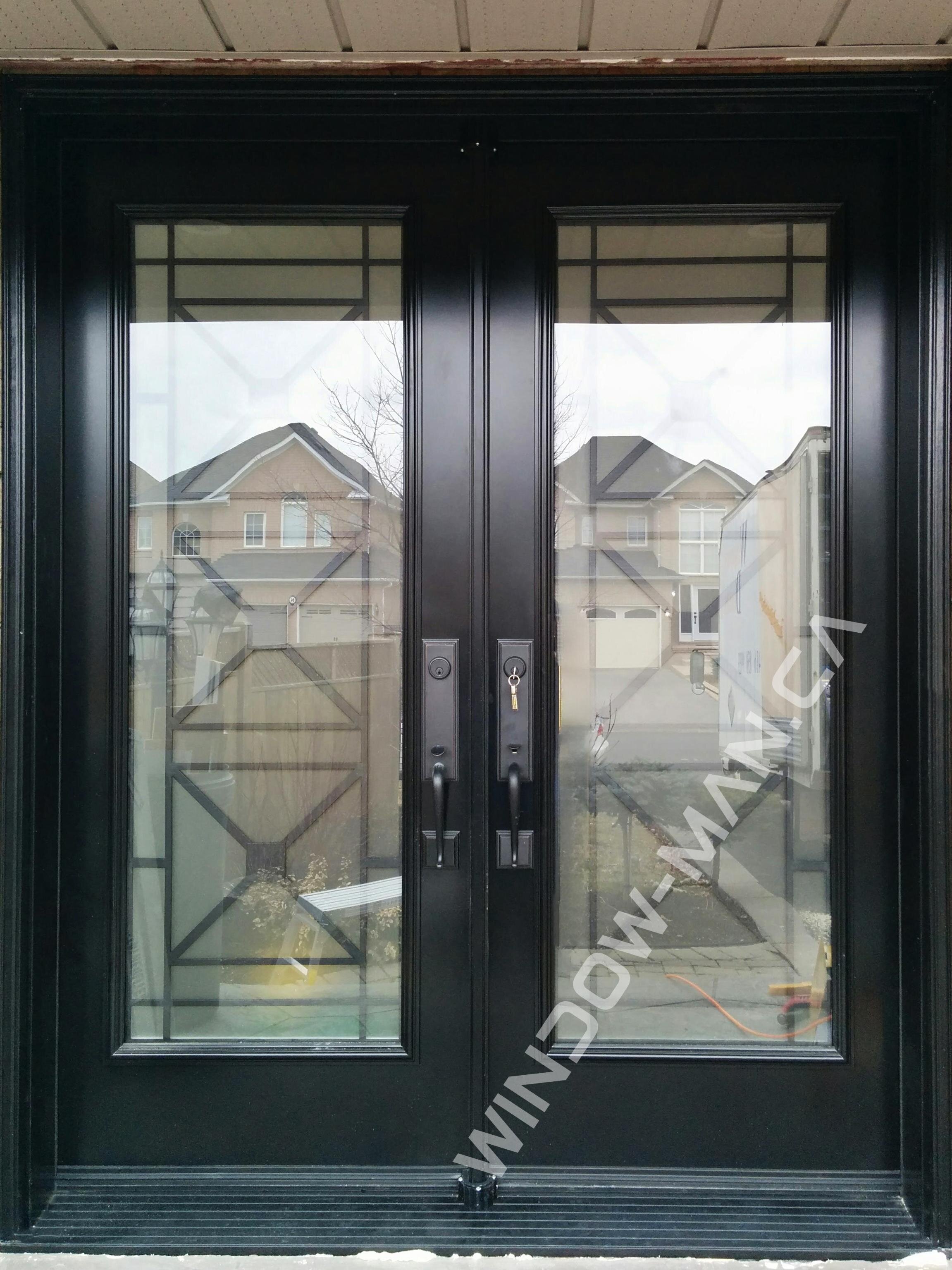 black doors double with century full wrought iron glass