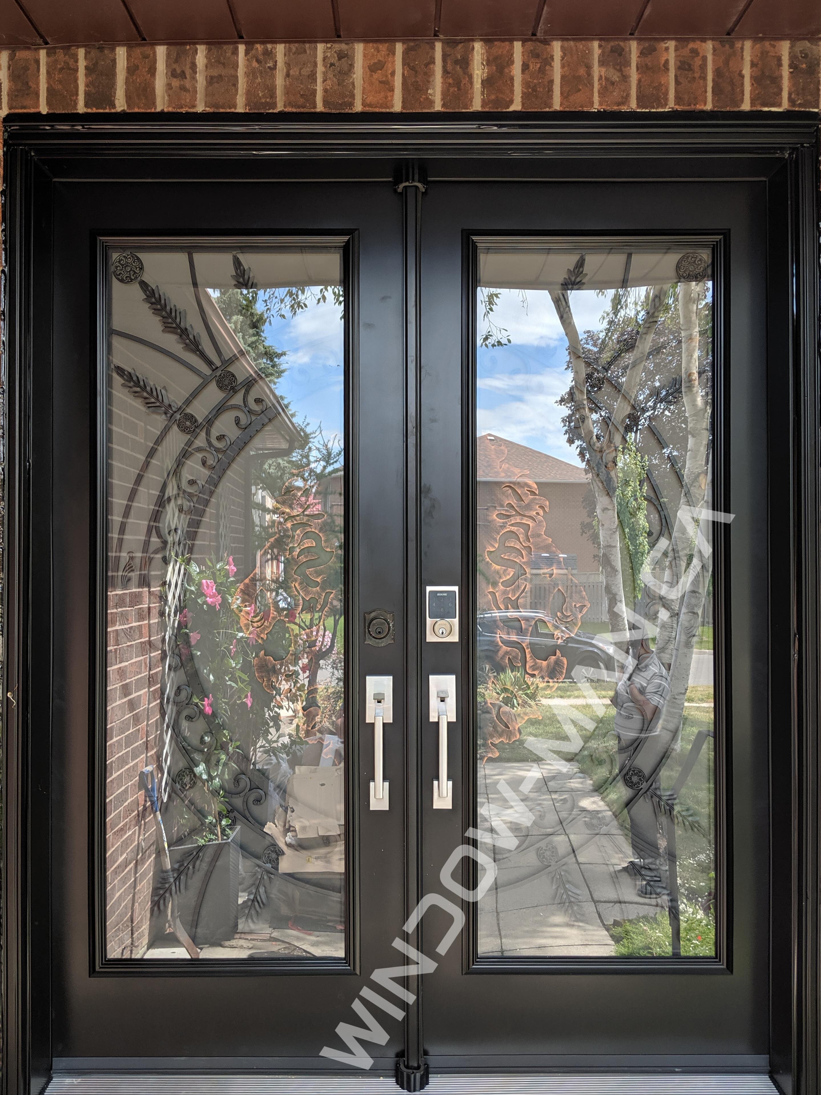 black double front doors with forest king full wrought iron glass lions