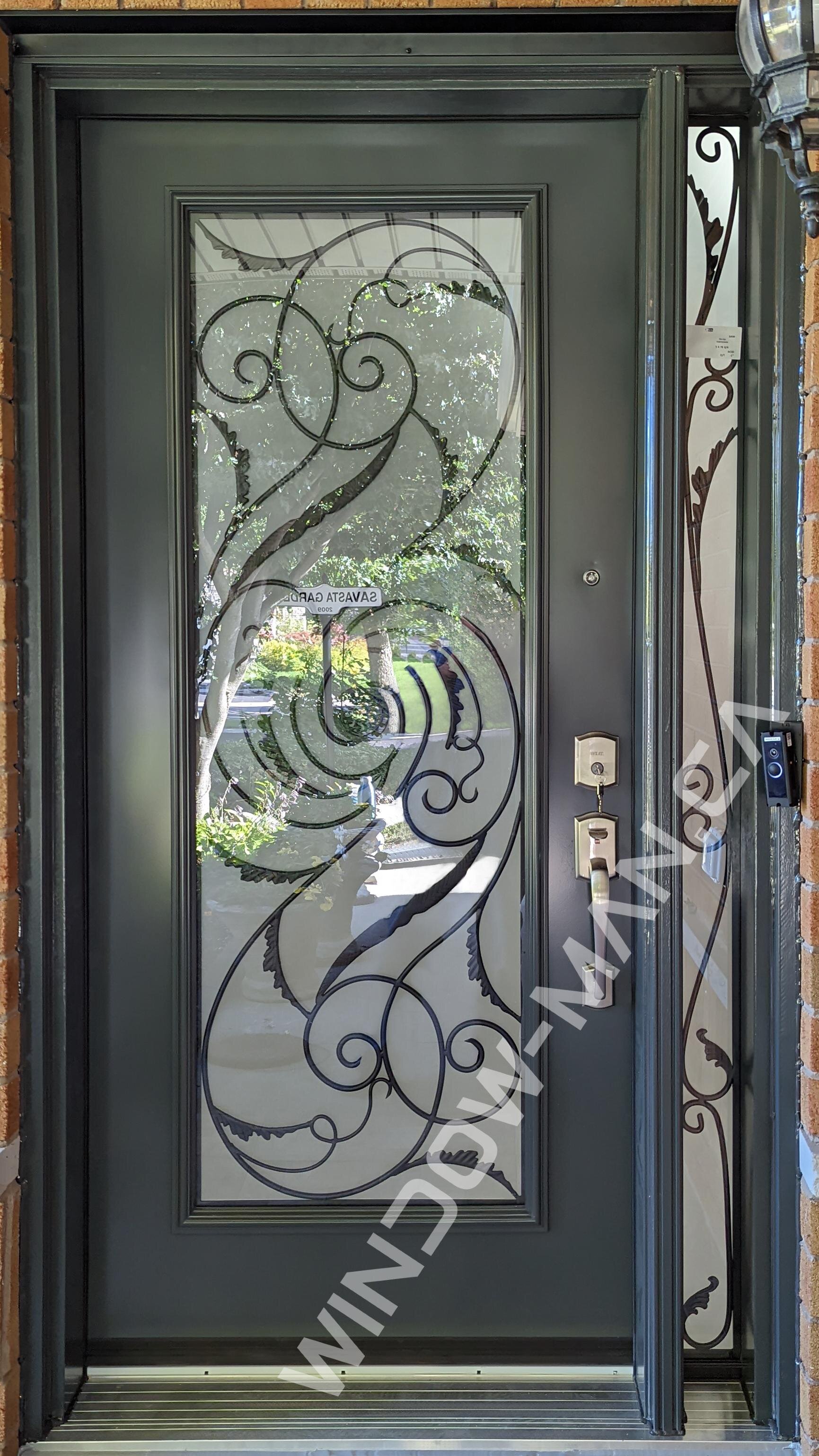 black entrance door with sidelight in graphite with port union full wrought iron glass peephole