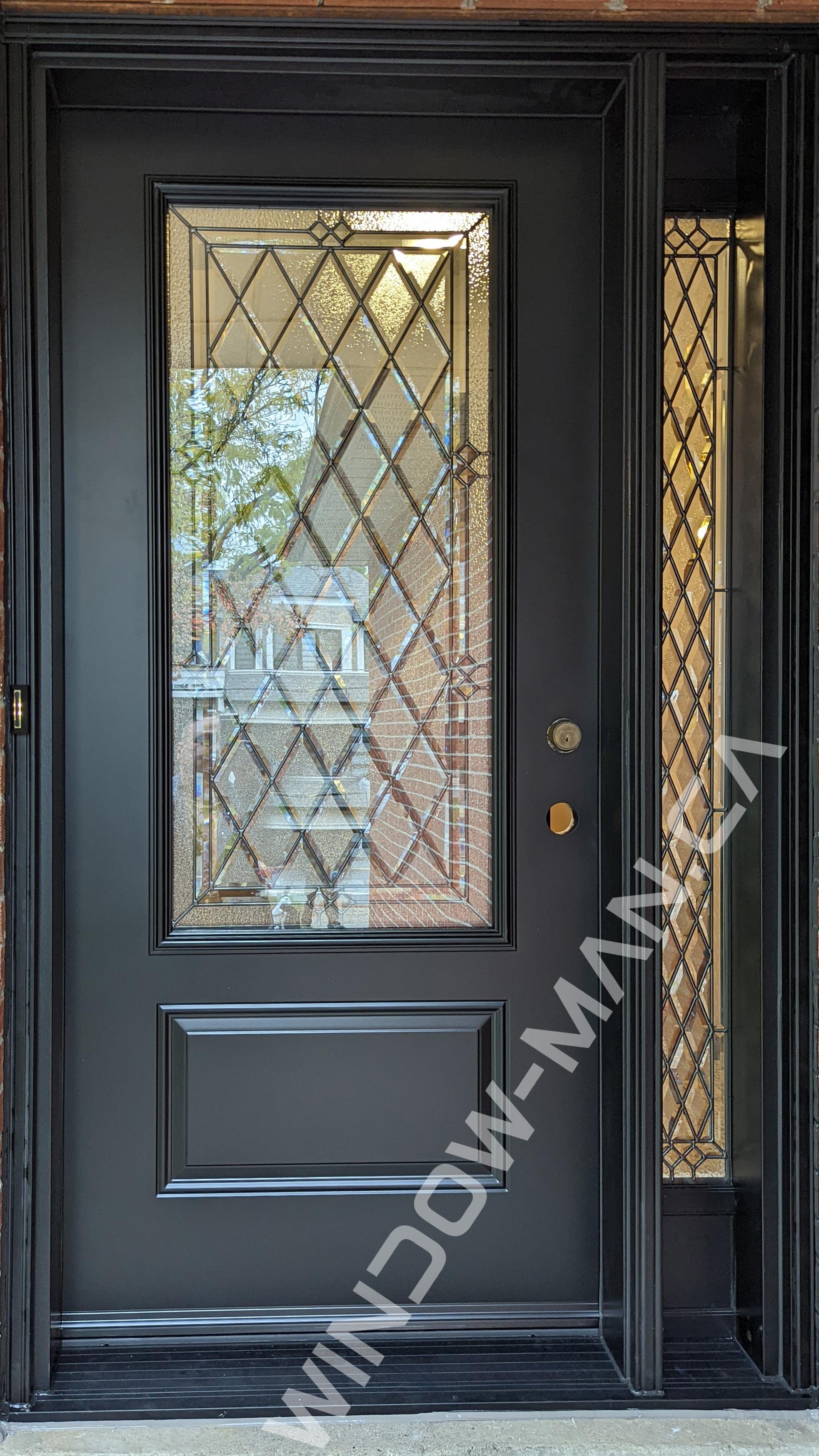 black exterior front door with sidelight with cookstown 3/4 stained glass