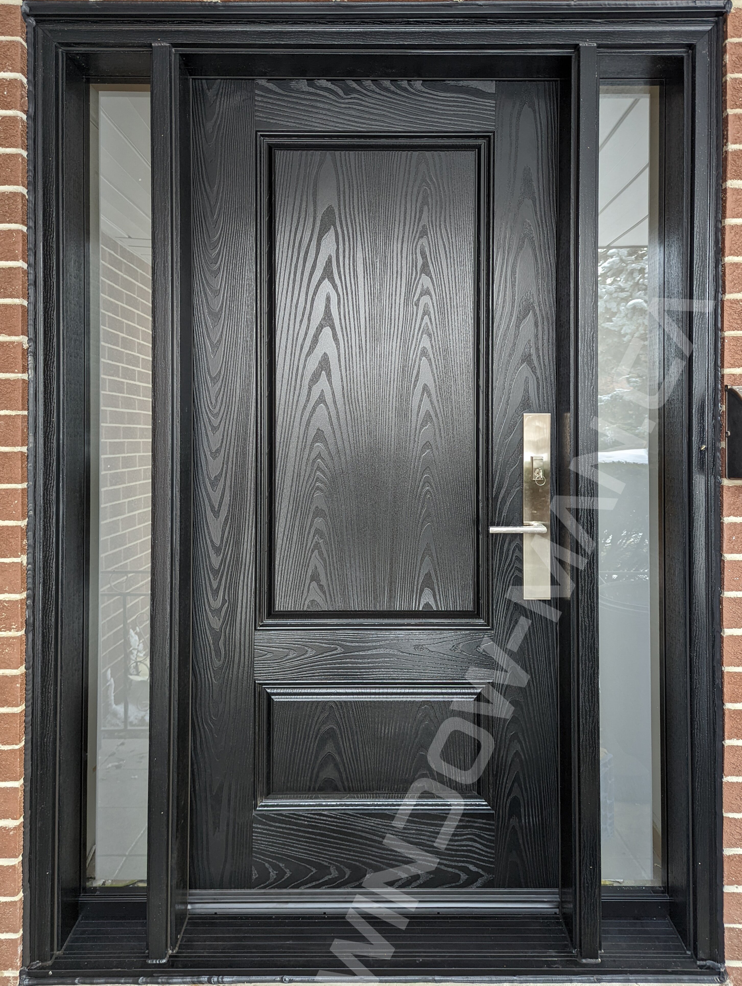 black oak grain fiberglass door with sidelights and clear border glass, 2 panel, multipoint lock