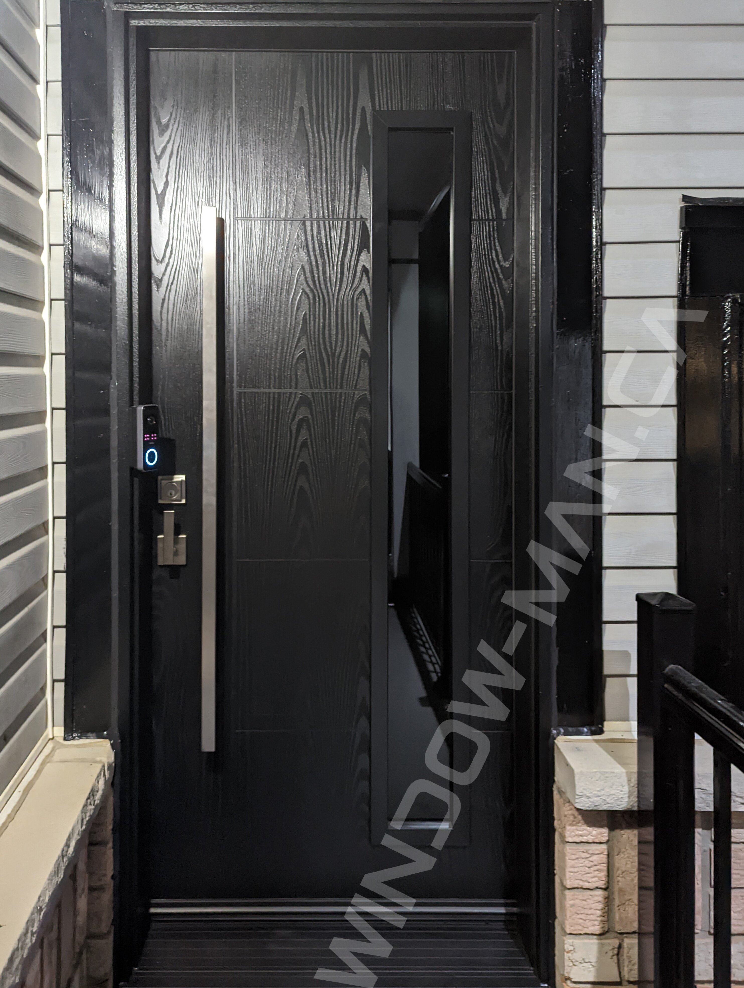 black oak grain fiberglass door with full super grey glass, pull bar handles, groove design, novatech vertical accent