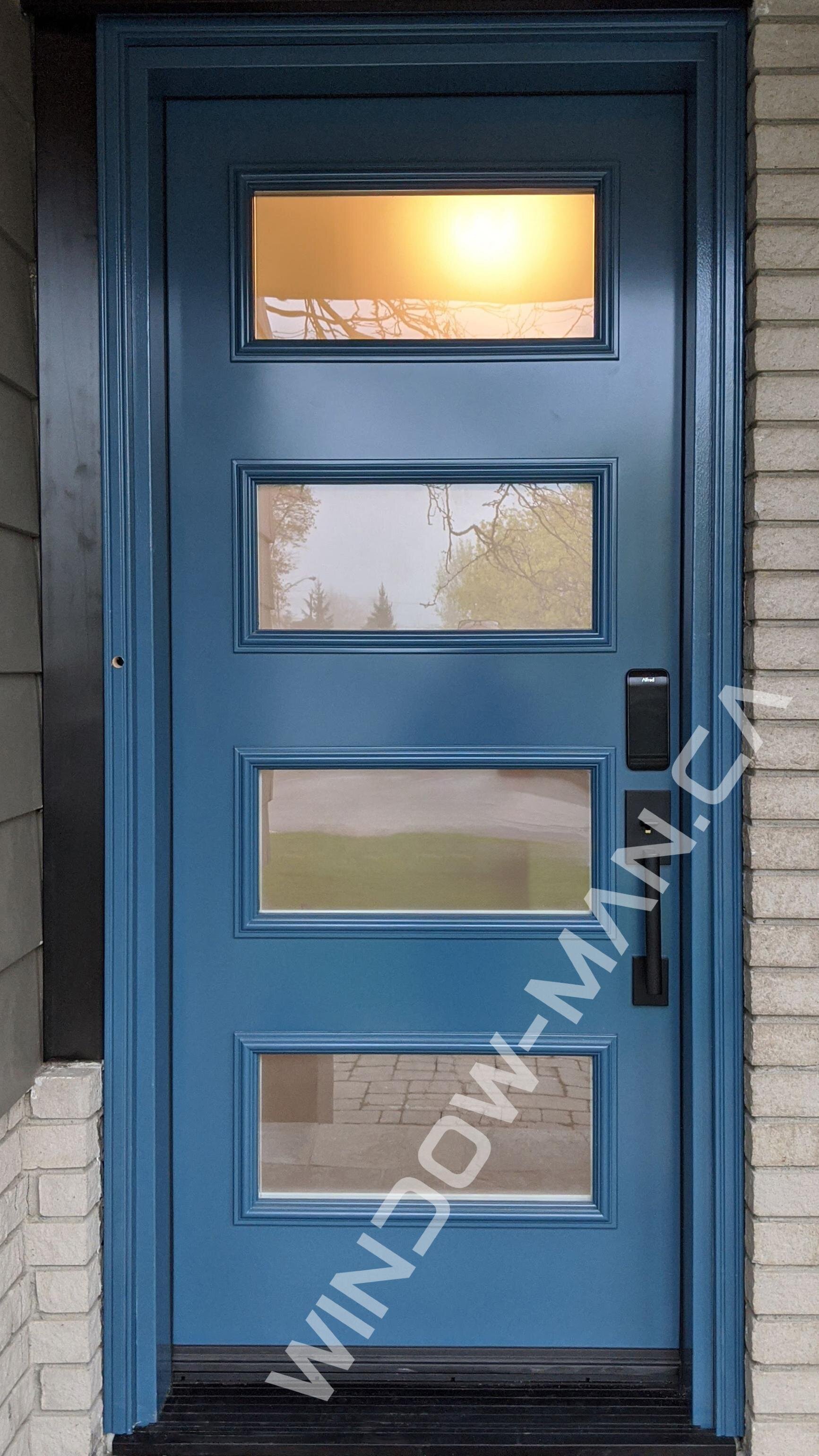 blue front door single in coastal blue shaker acid etched glass