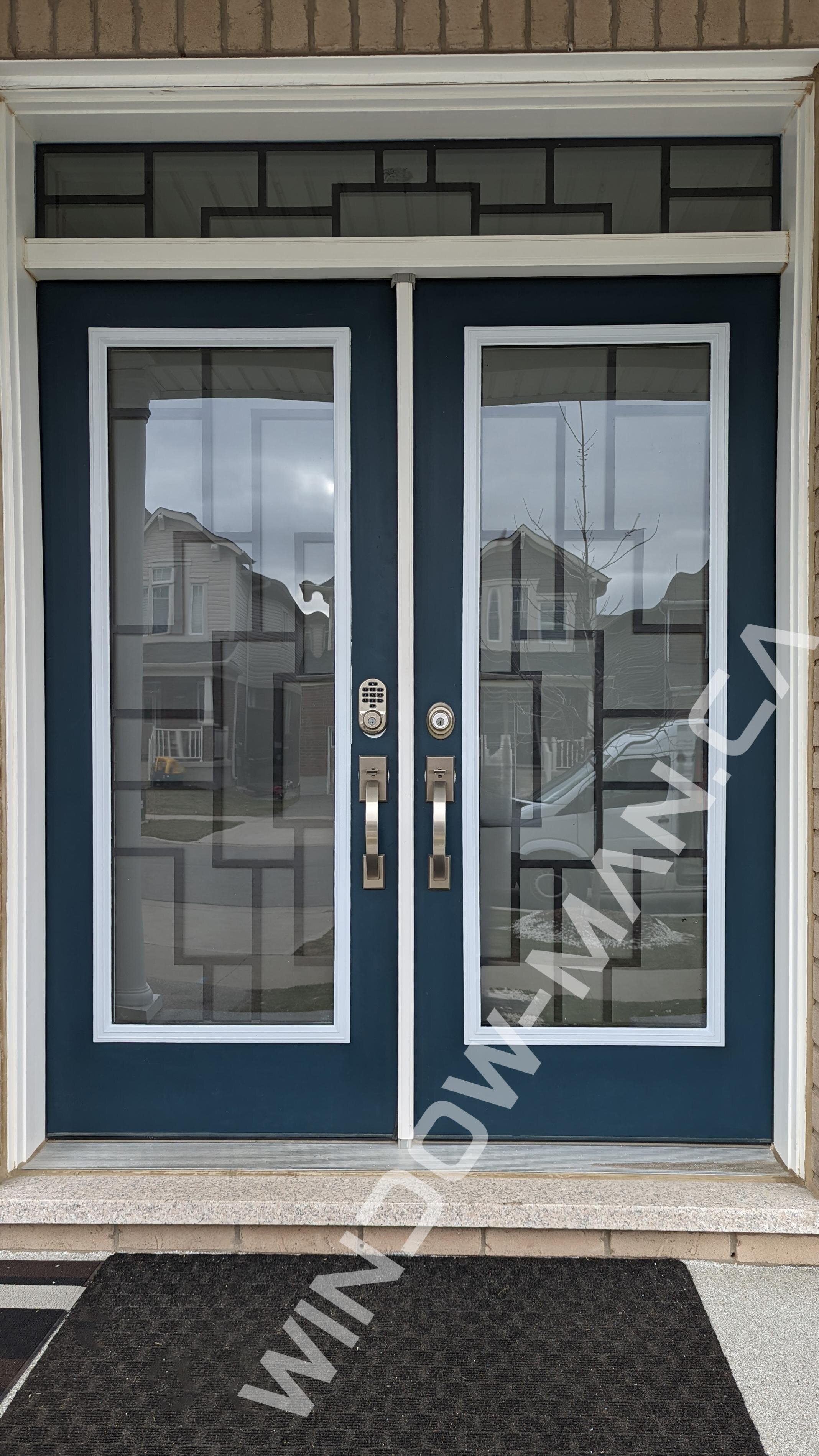blue front doors double in old world blue with malibu full wrought iron glass with matching transom