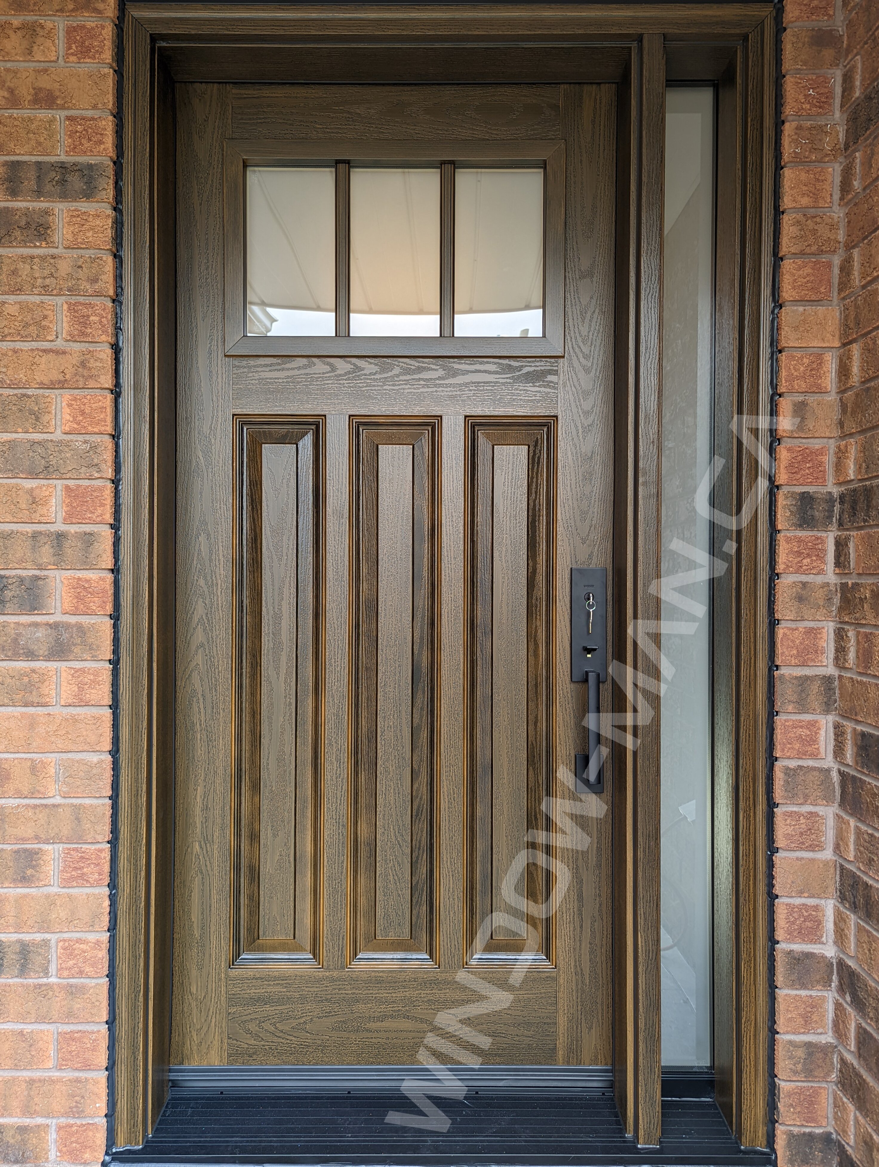 brown oak grain fiberglass craftsman door with sidelight and acid etched sdl glass