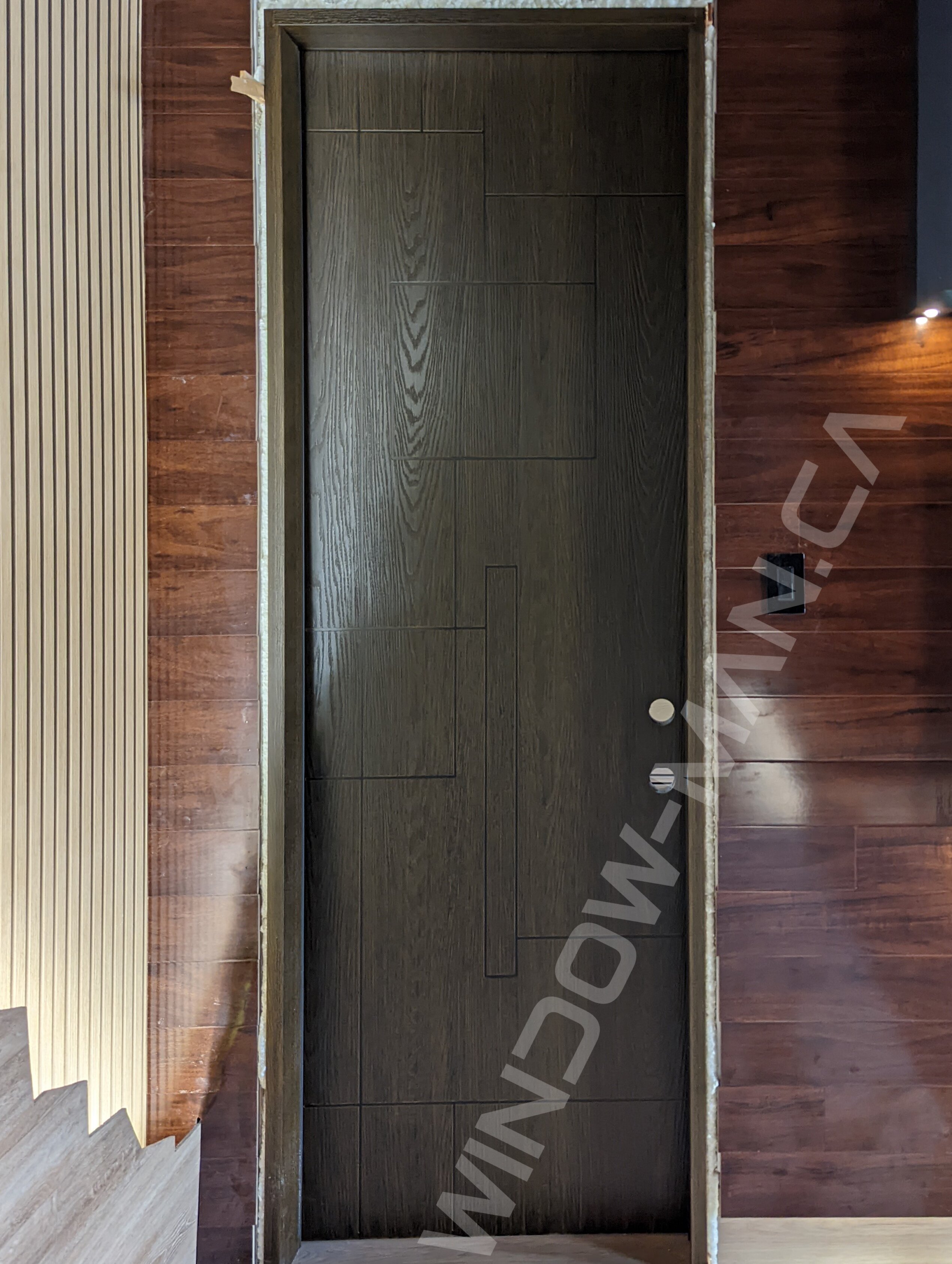 brown fiberglass tall door with grooves, 8-foot