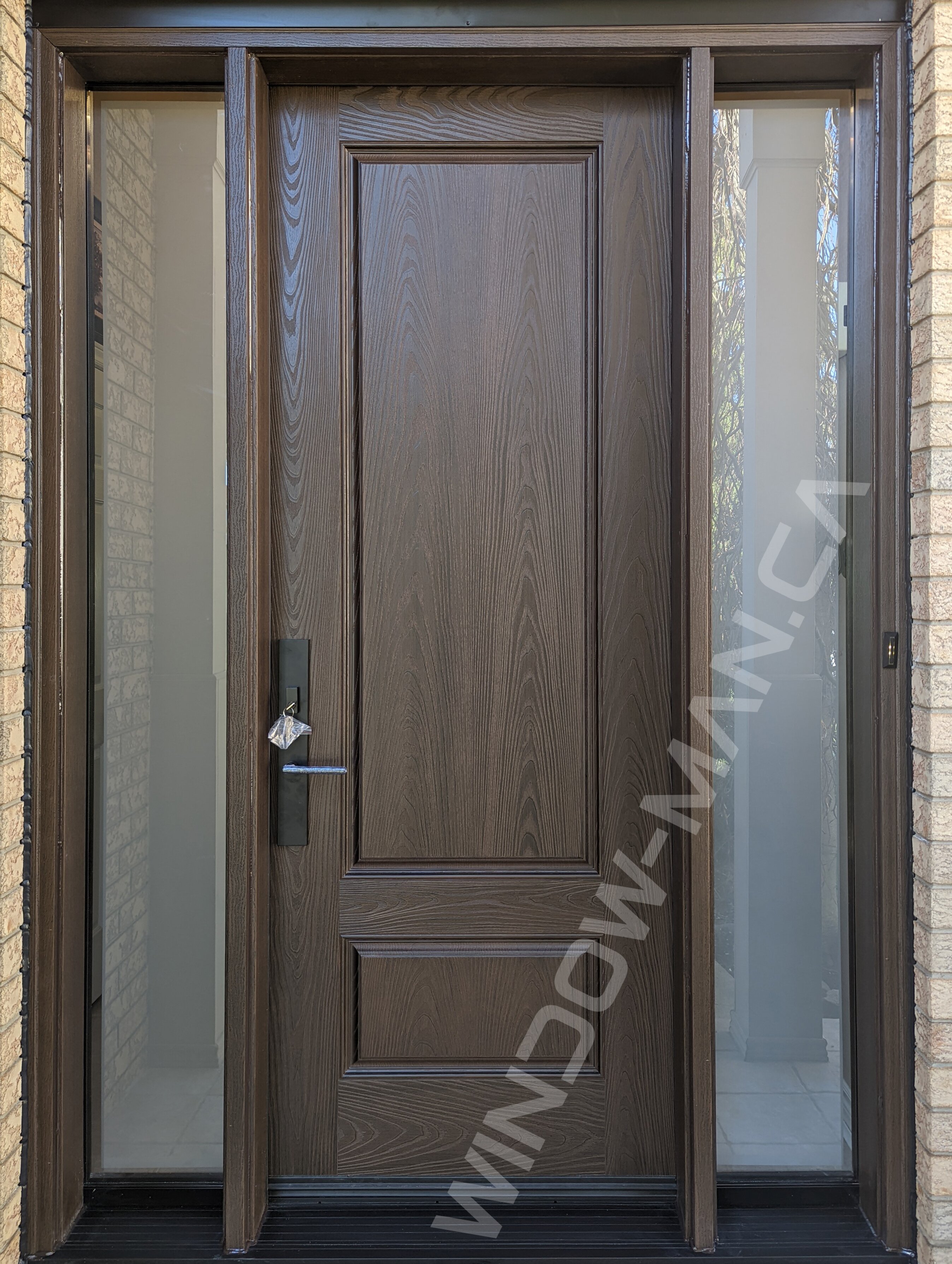brown fiberglass door with sidelights and clear border glass, 8-foot, multipoint lock