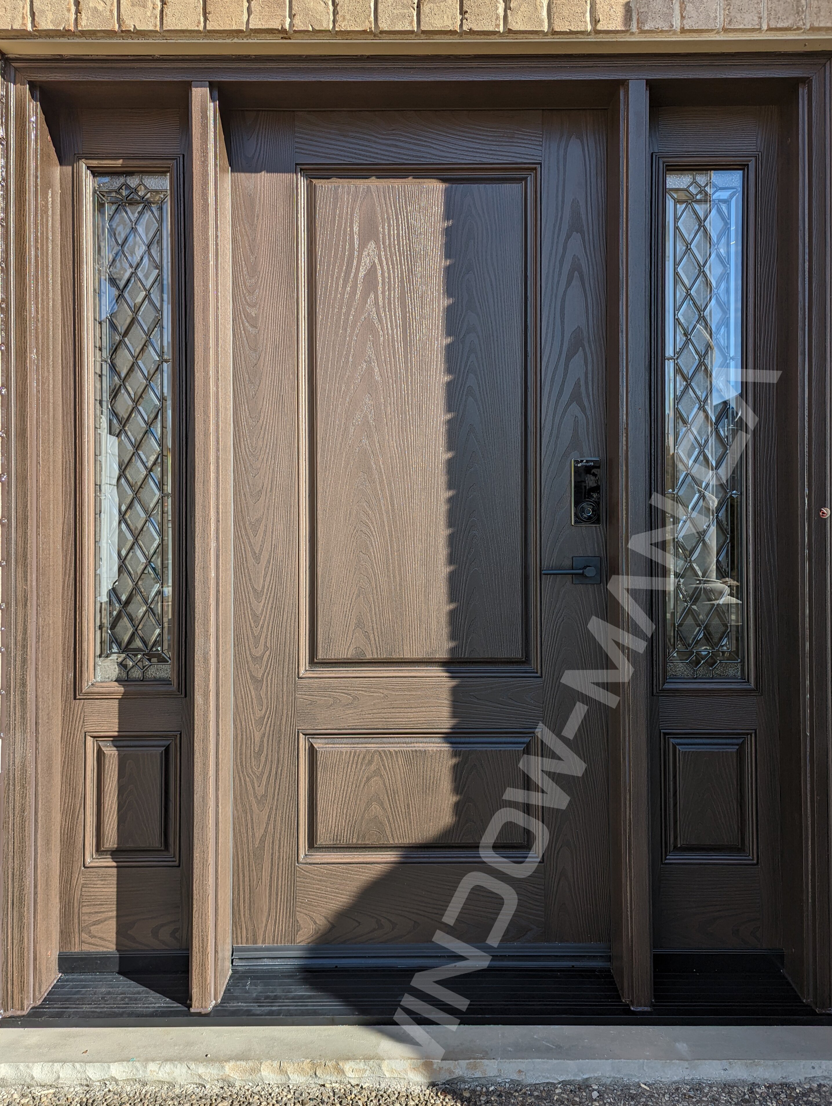 brown fiberglass door with sidelights and cookstown glass, smart lock, two-tone