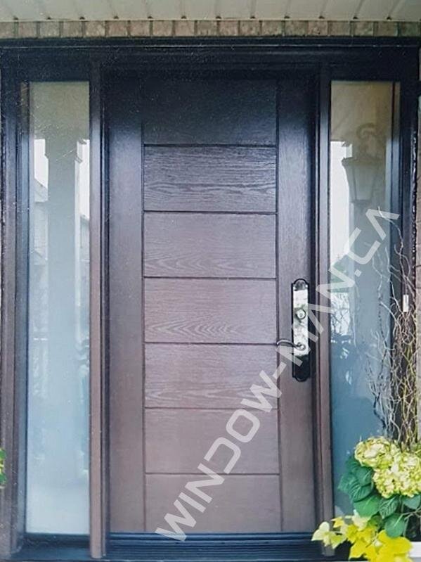 brown modern door fiberglass with sidelights stained in walnut with multi point locking system oak grain, grooving design