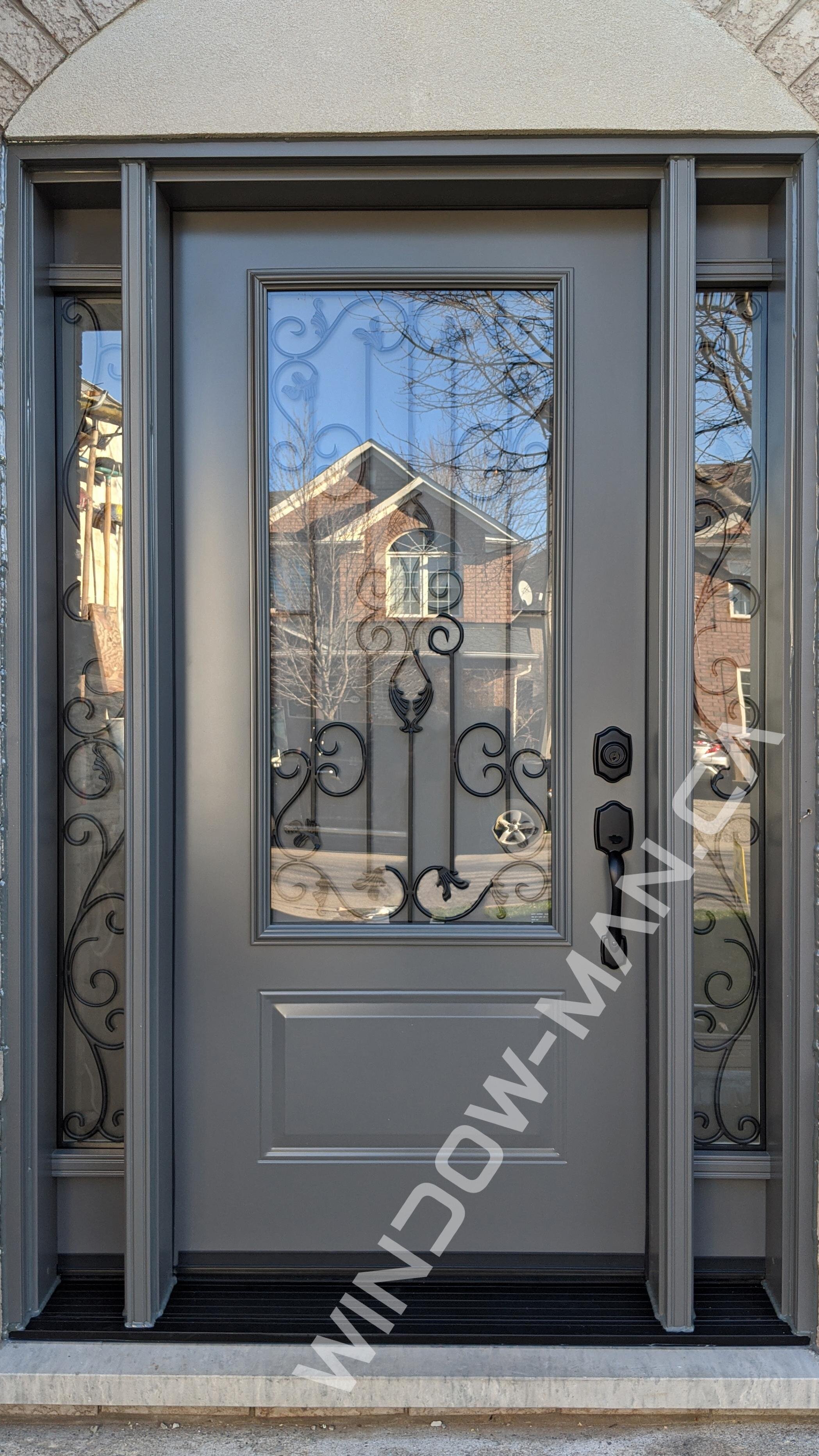 charcoal grey door with sidelights in slate with liverpool 3/4 wrought iron glass