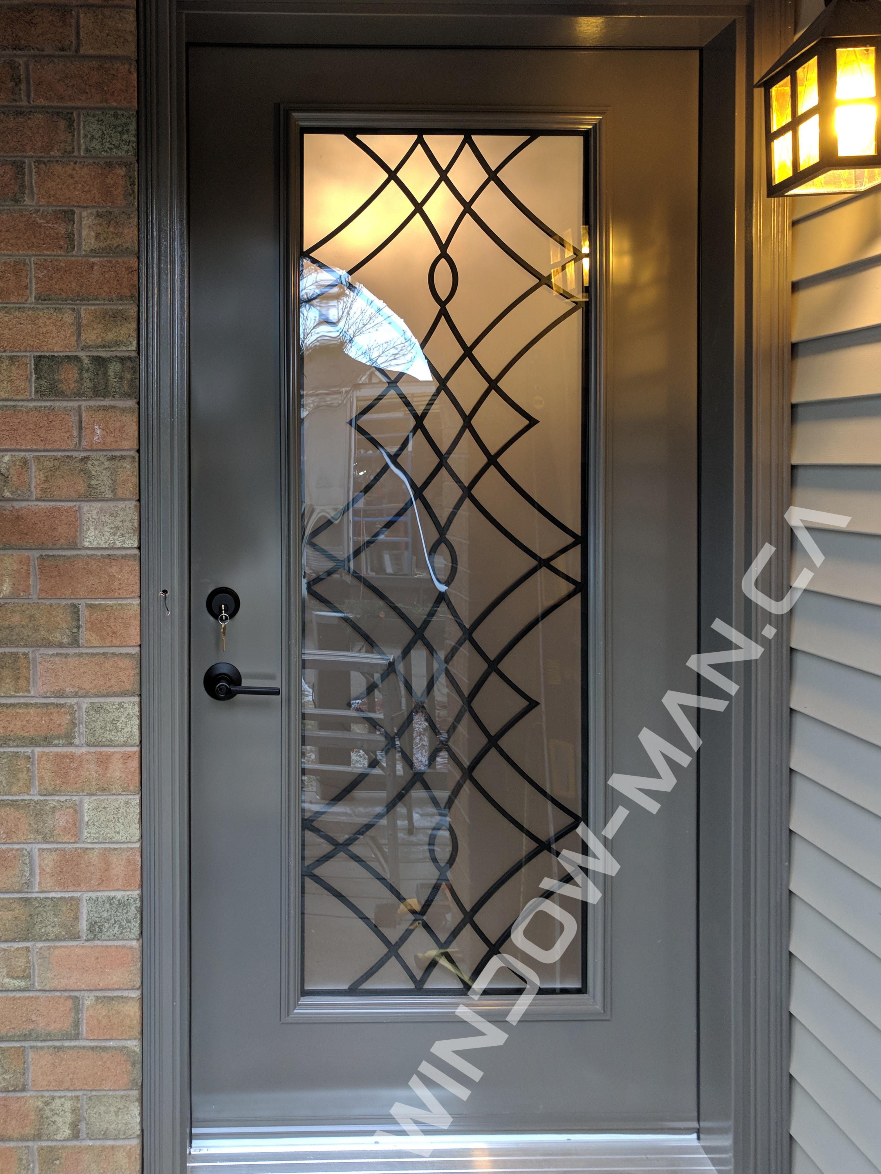 charcoal grey front door single in sable with oak ridge full wrought iron glass 38 inches wide