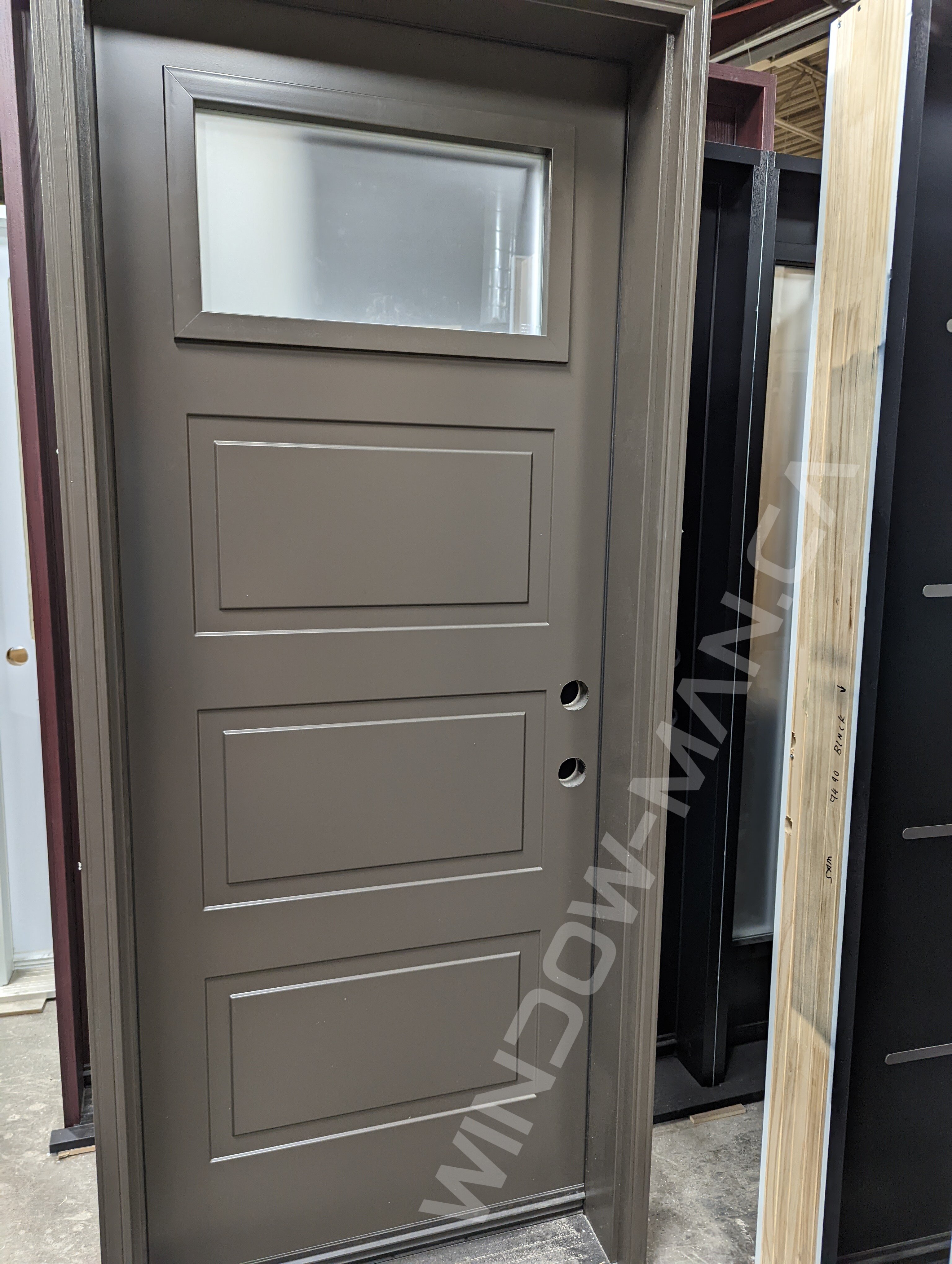 commercial brown 4 panel single steel door with small acid etched glass, novatech soho