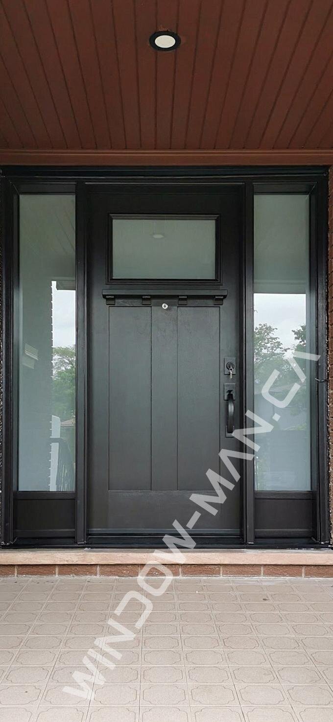 craftsman style door fiberglass with sidelights in black small private glass wood grain, dentil shelf,peephole