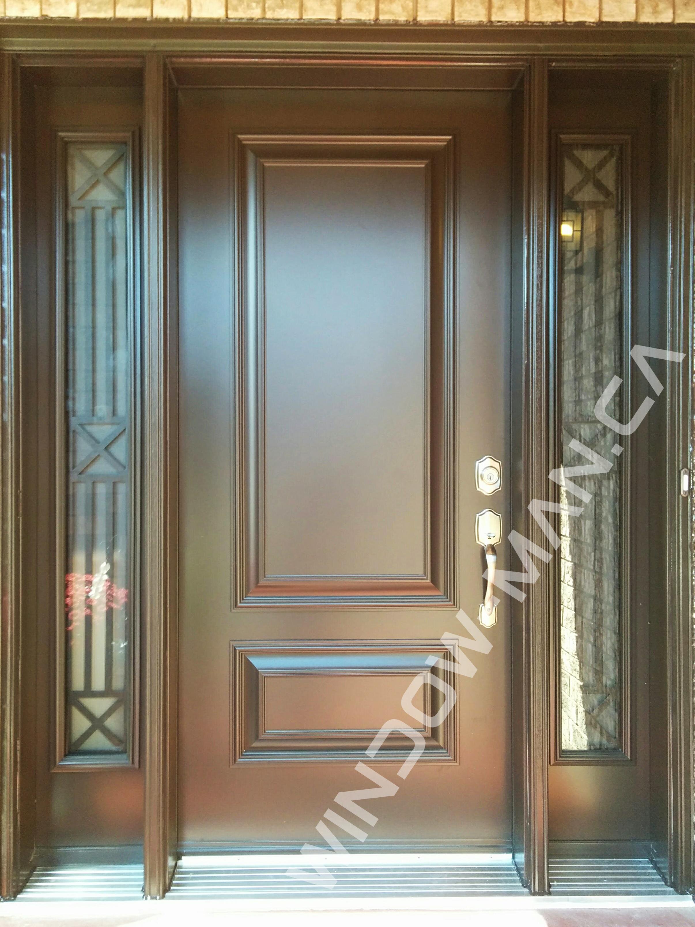 dark brown entry door with sidelights in nutmeg executive panels