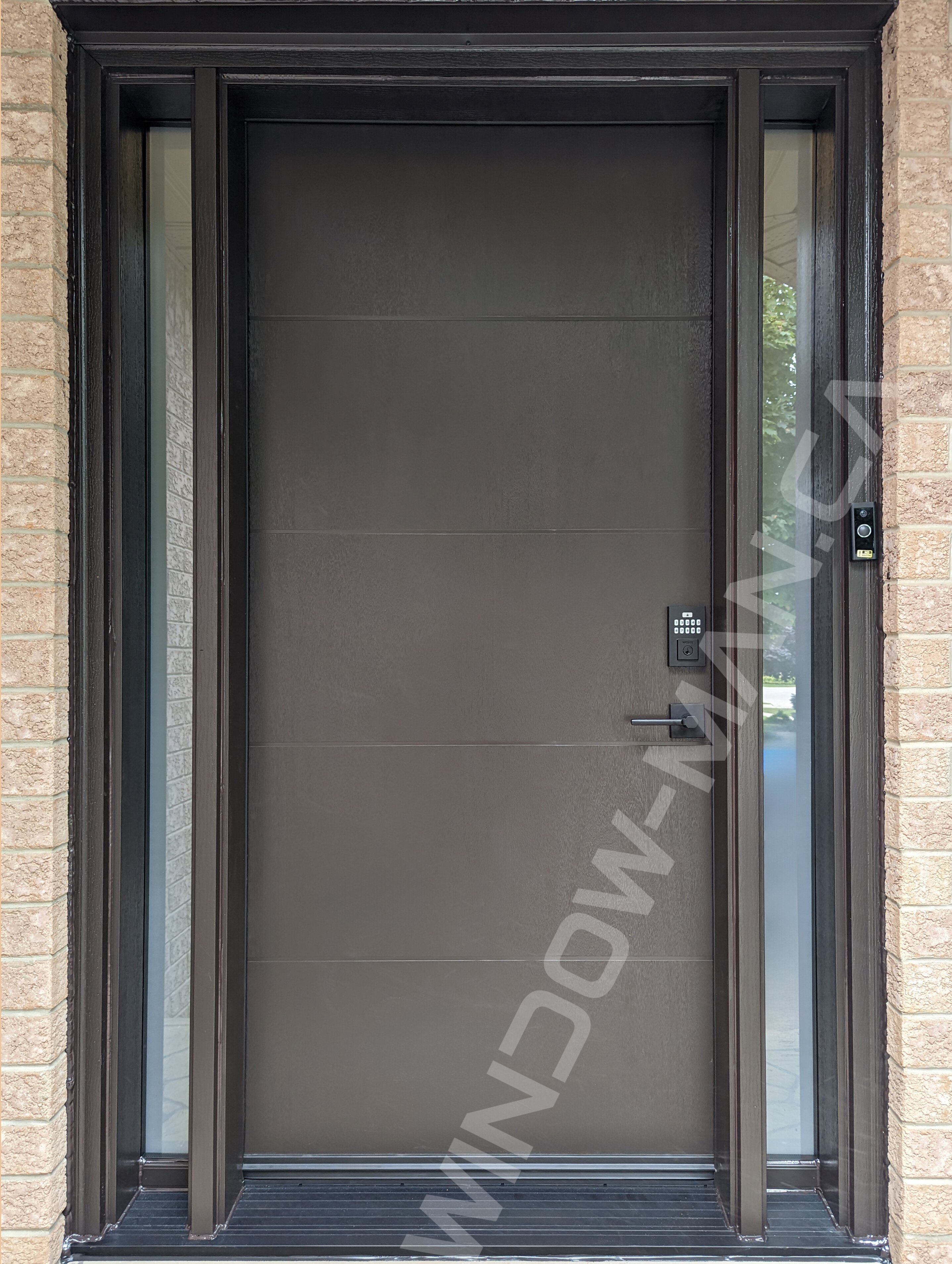 dark brown mahogany grain fiberglass door with sidelights and acid etched glass, groove design, smart lock