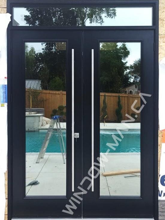double door patio doors in black full clear glass with pull bar handle with transom mirror glass, outswing