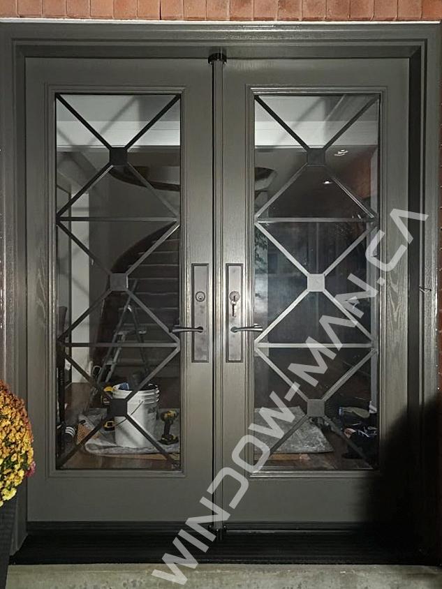 double entry doors with glass fiberglass in iron ore with townsbridge full wrought iron glass with multi point lock oak grain