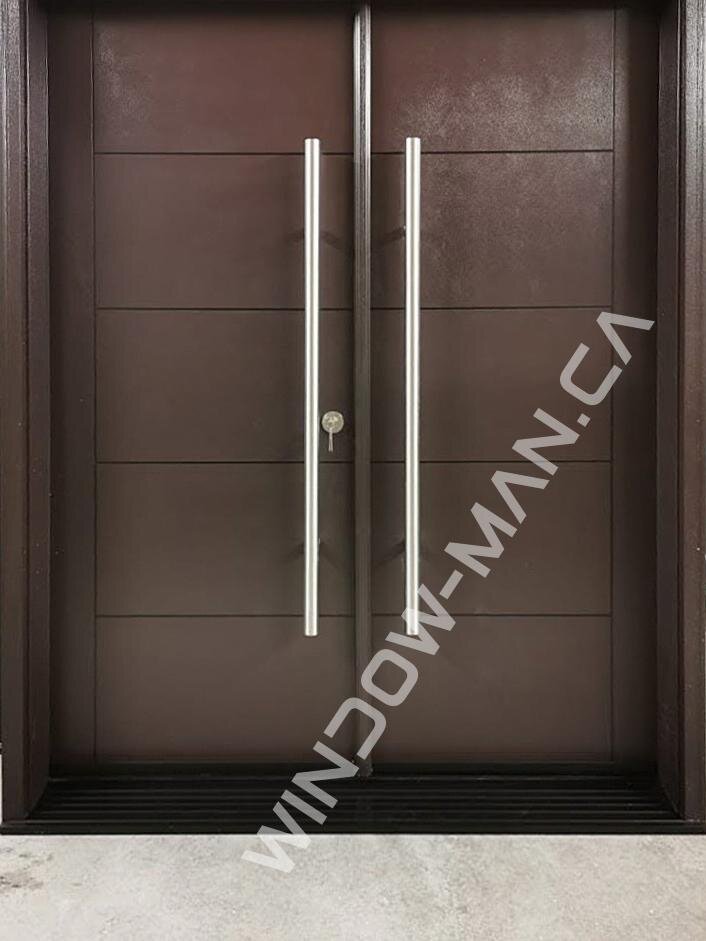 double modern front doors fiberglass in chestnut brown with pull bar handle mahogany grain, groove design