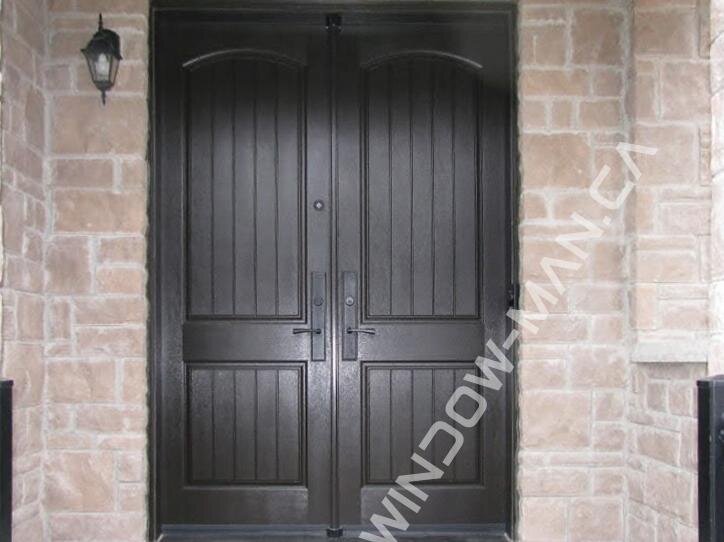 double wooden front doors fiberglass stained in black mahogany with multi point locking system plank peephole, 8 ft, 96 in