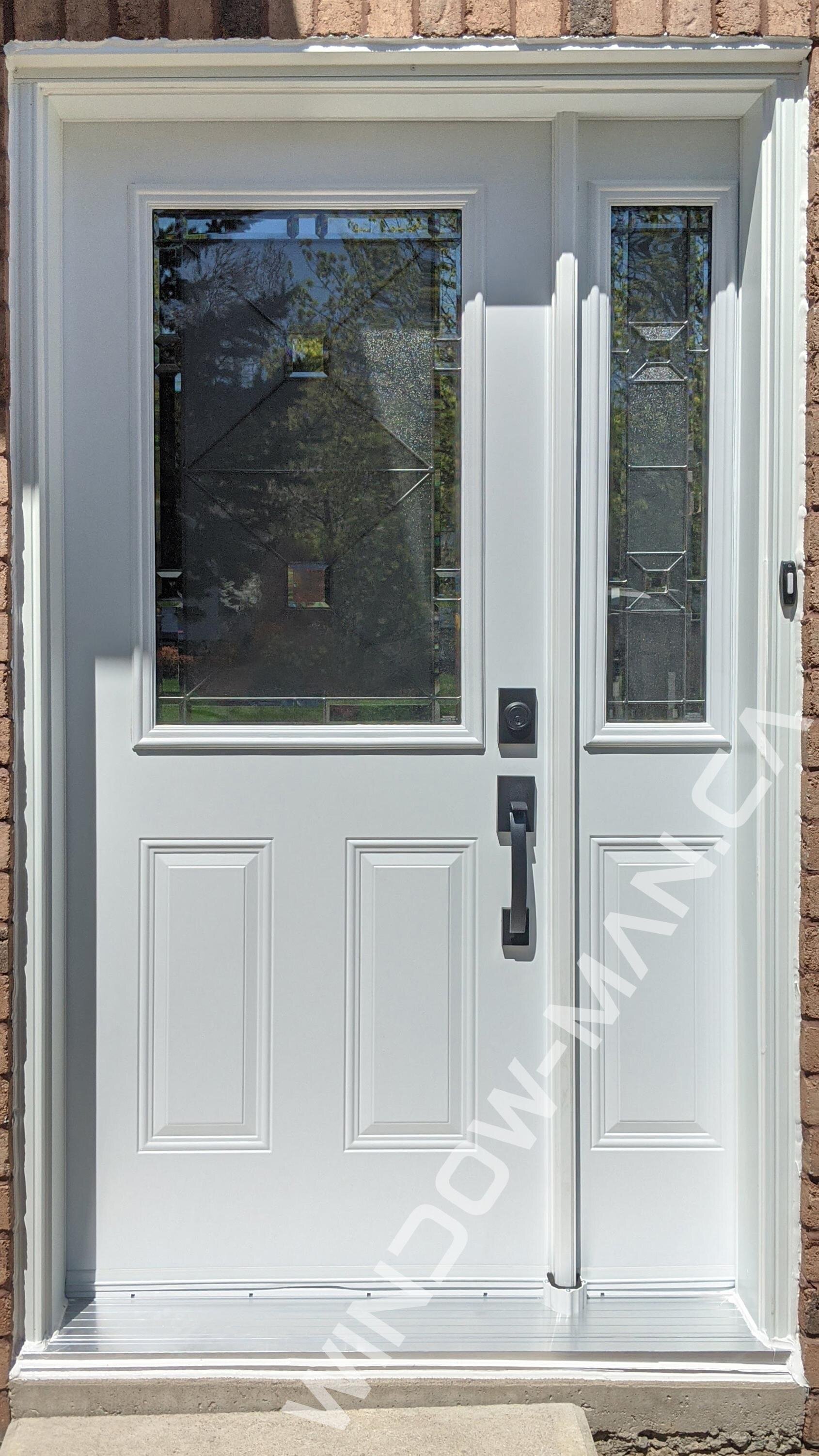 entrance door with sidelights in white with waterdown half stained glass