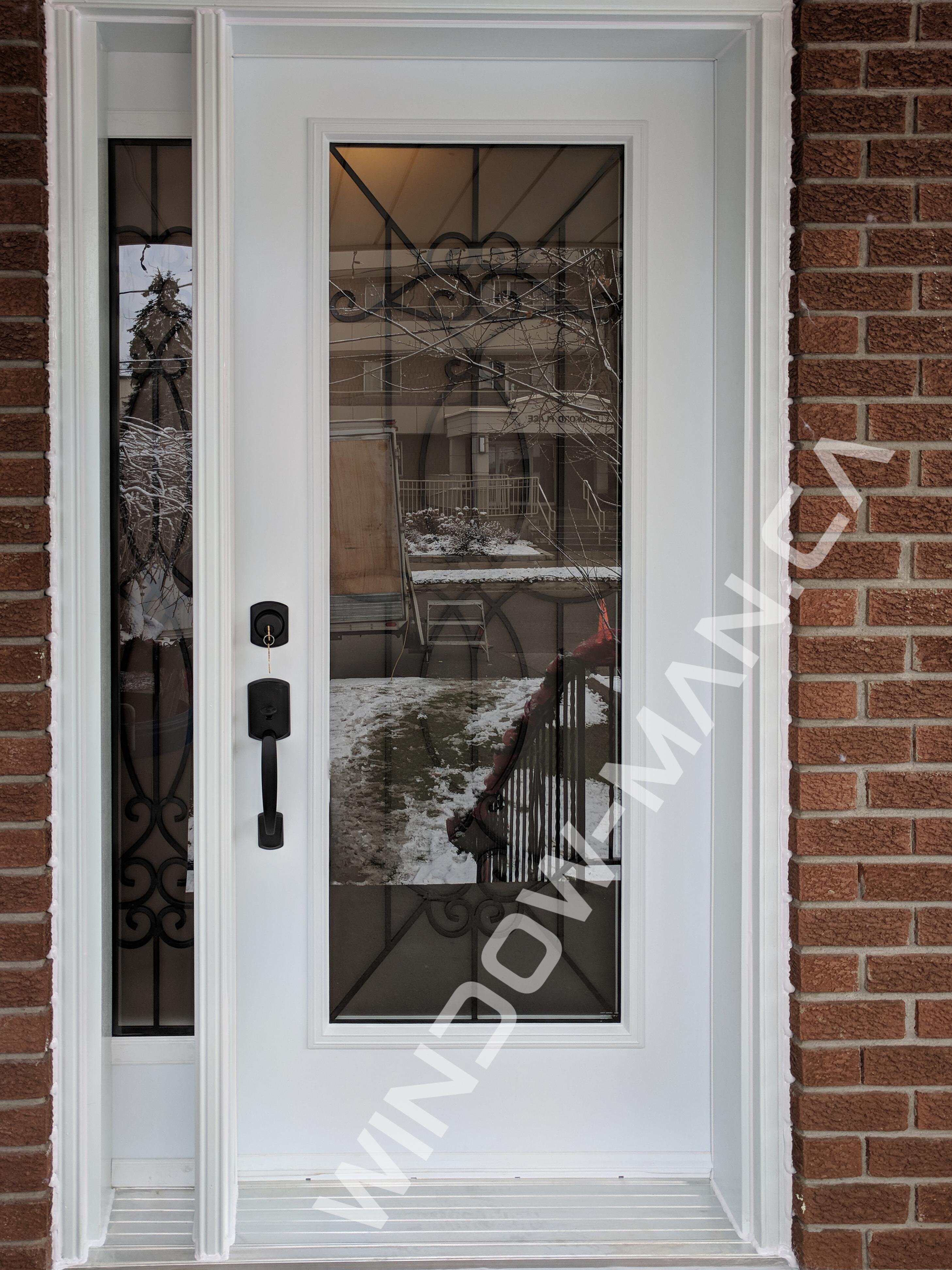 entry door and sidelight in white with blackburn full wrought iron glass