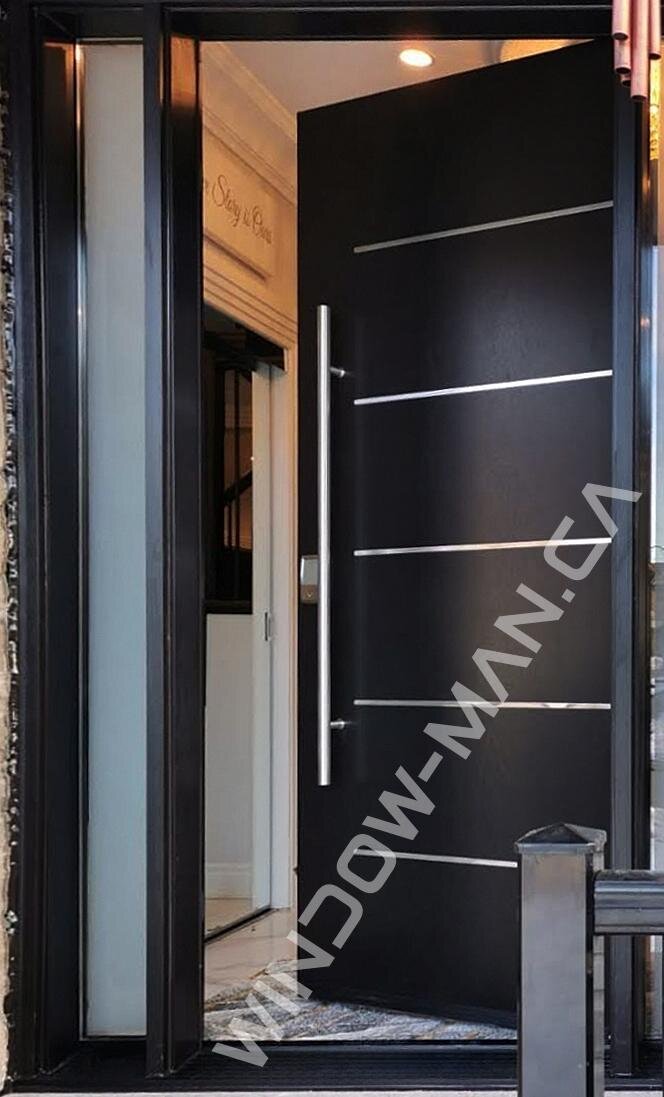 entry doors with side windows fiberglass in black with pull bars mahogany grain, metall stipes design, 8 foot