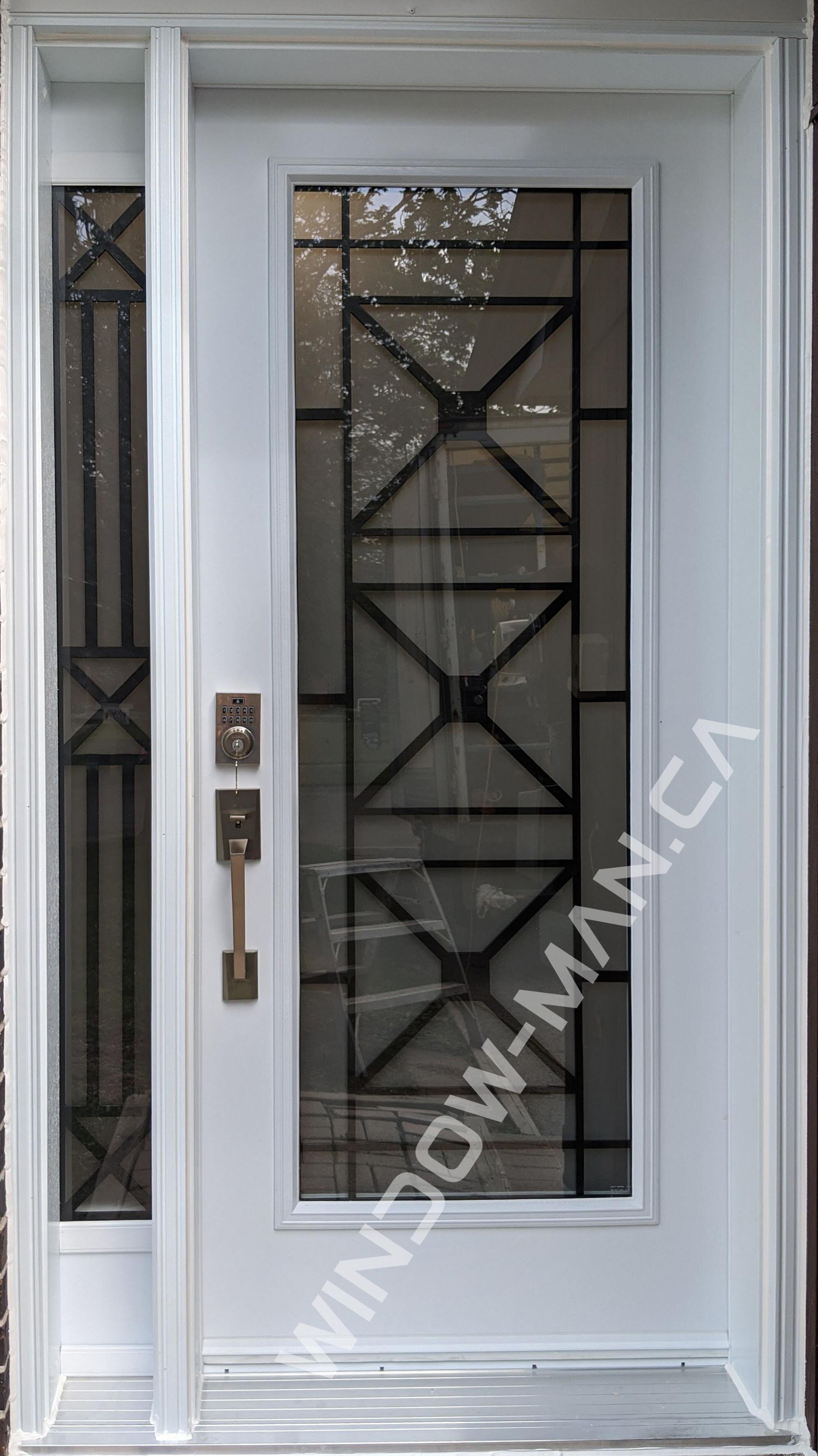 exterior door with sidelights in white with century full wrought iron glass