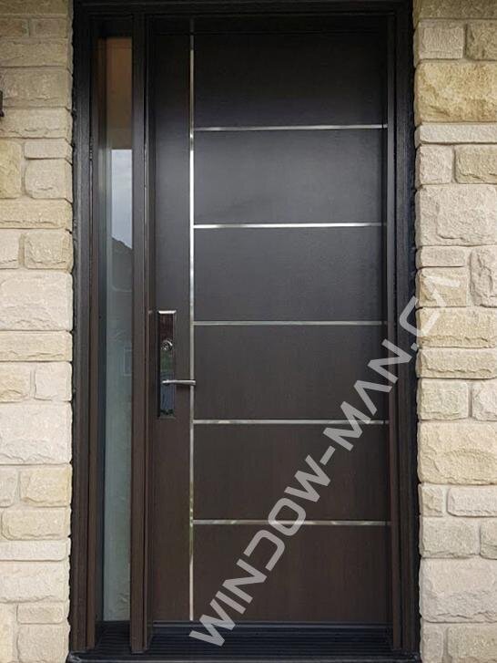 exterior front door with glass fiberglass with sidelight in antique brown with multipoint lock mahogany grain, 8 foot, stainless stripes design