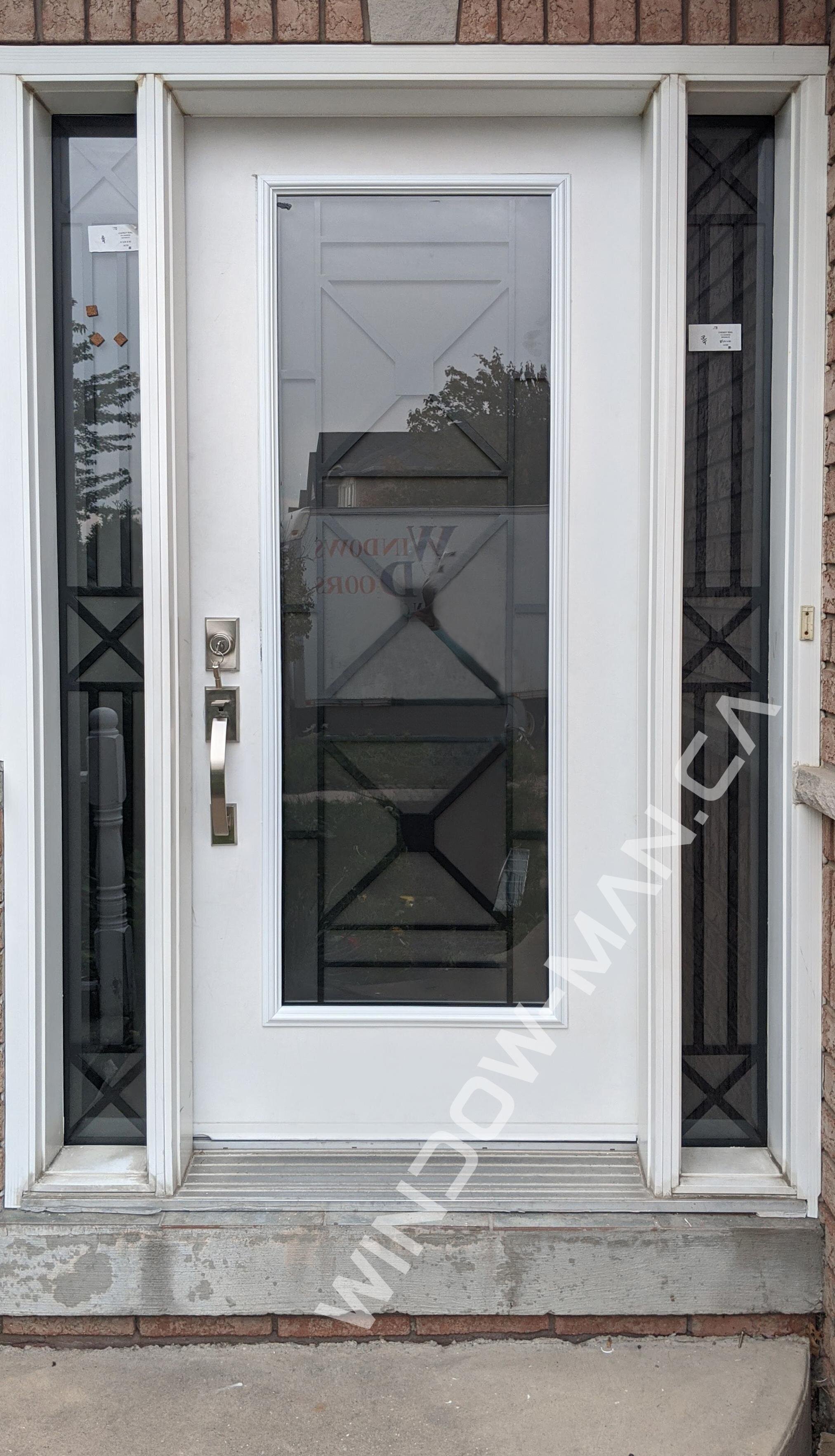 exterior front door with sidelights in white with century full wrought iron glass