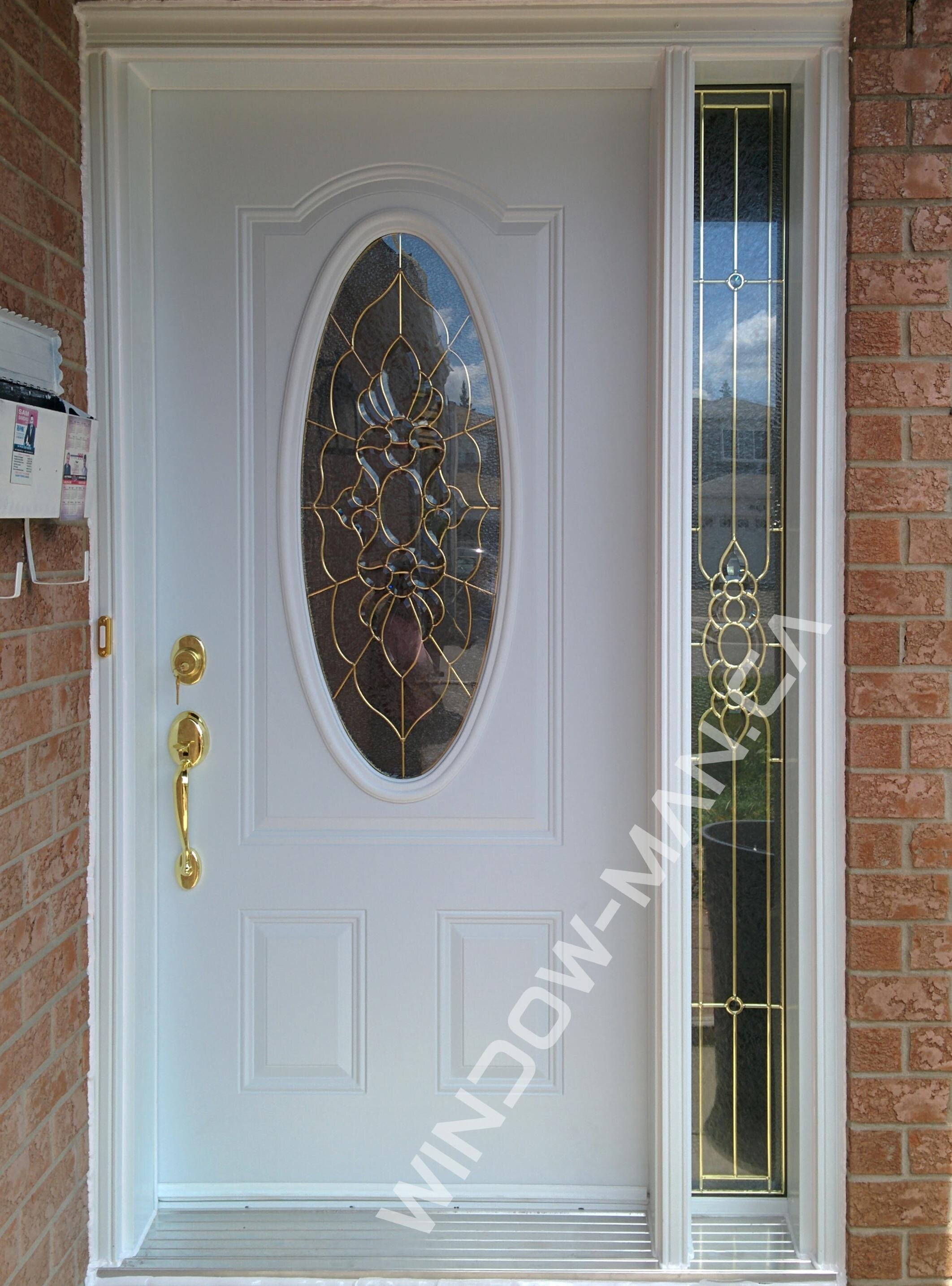 exterior steel door with sidelight in white with peterborough 3/4 oval stained glass brass caming