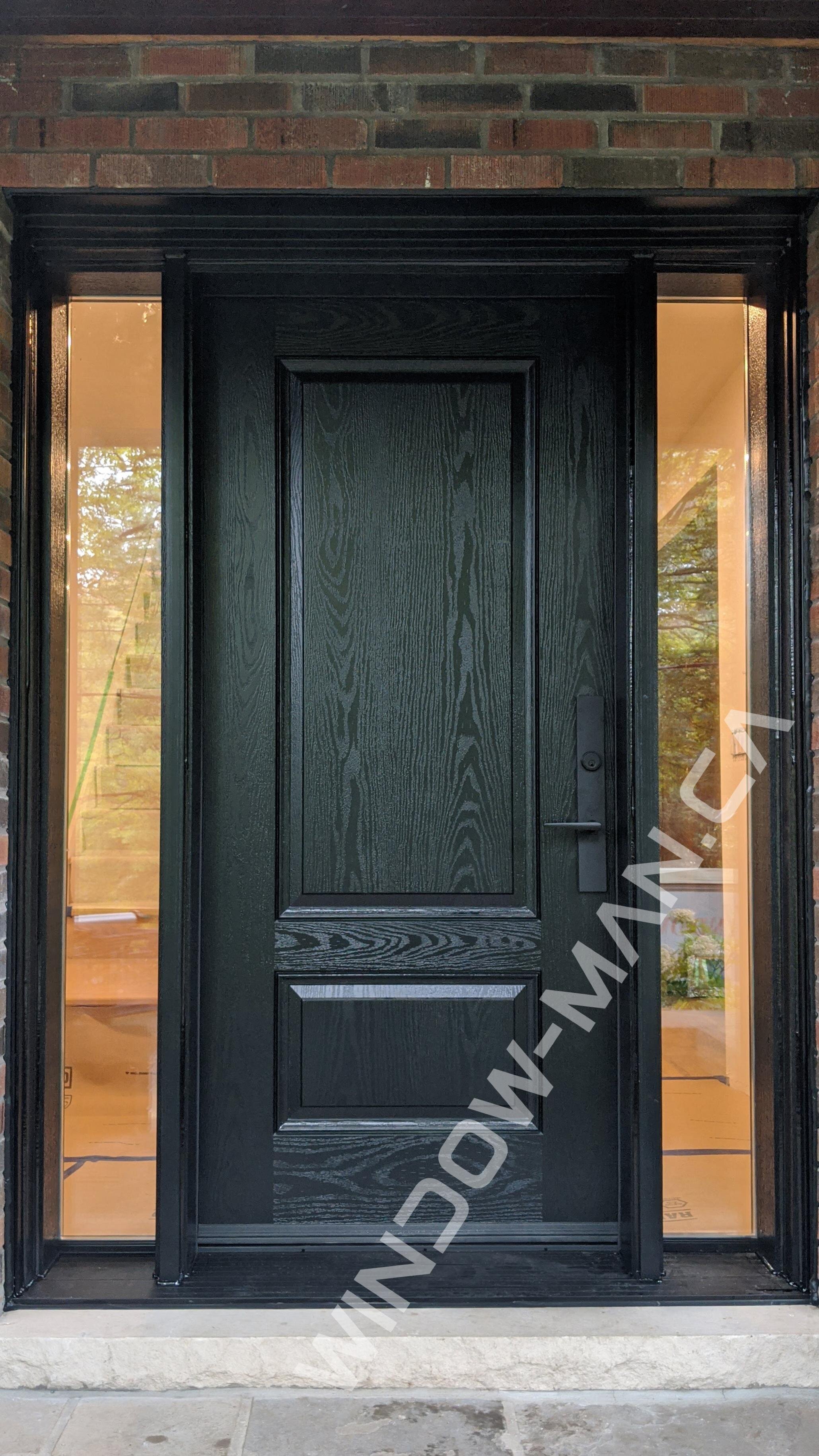 fiberglass exterior door with sidelights in black with three-point locking system oak grain