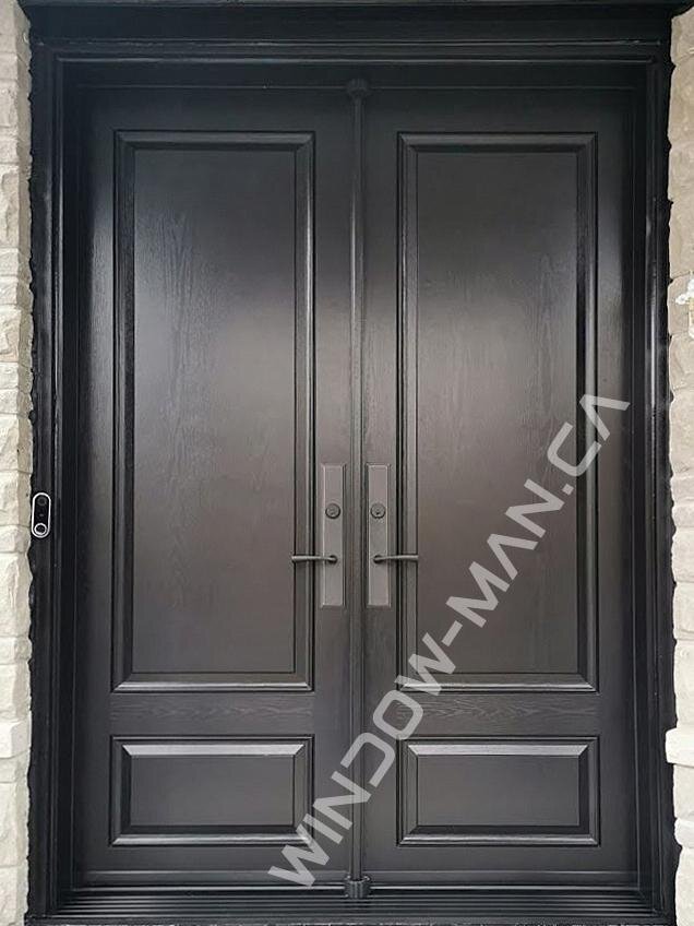 fiberglass exterior double doors stained in black with three point lock wood grain, 8 foot