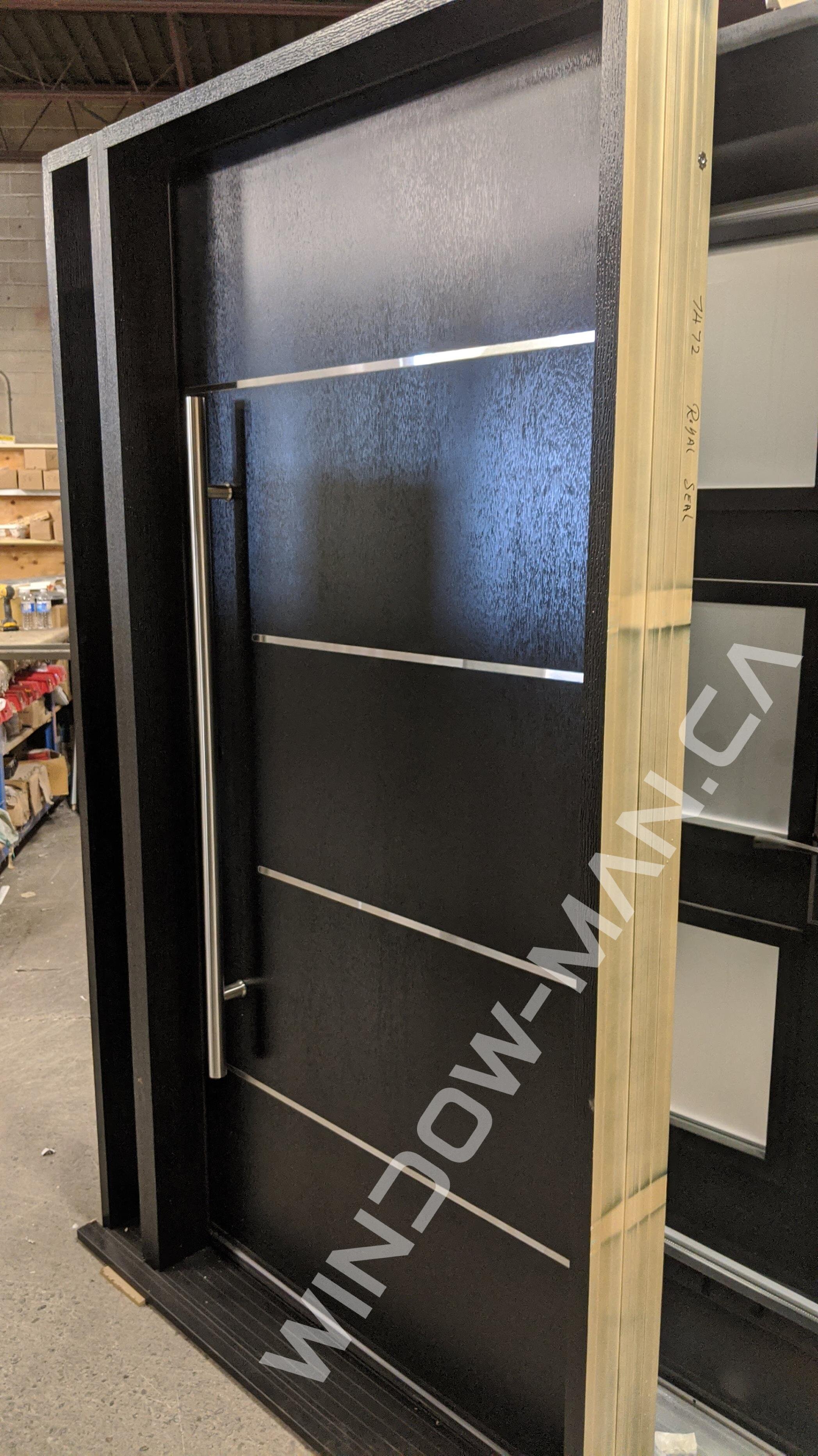 fiberglass modern front door with sidelight in black with pull bars mahogany grain, wide 40 inch, aluminum stripe design