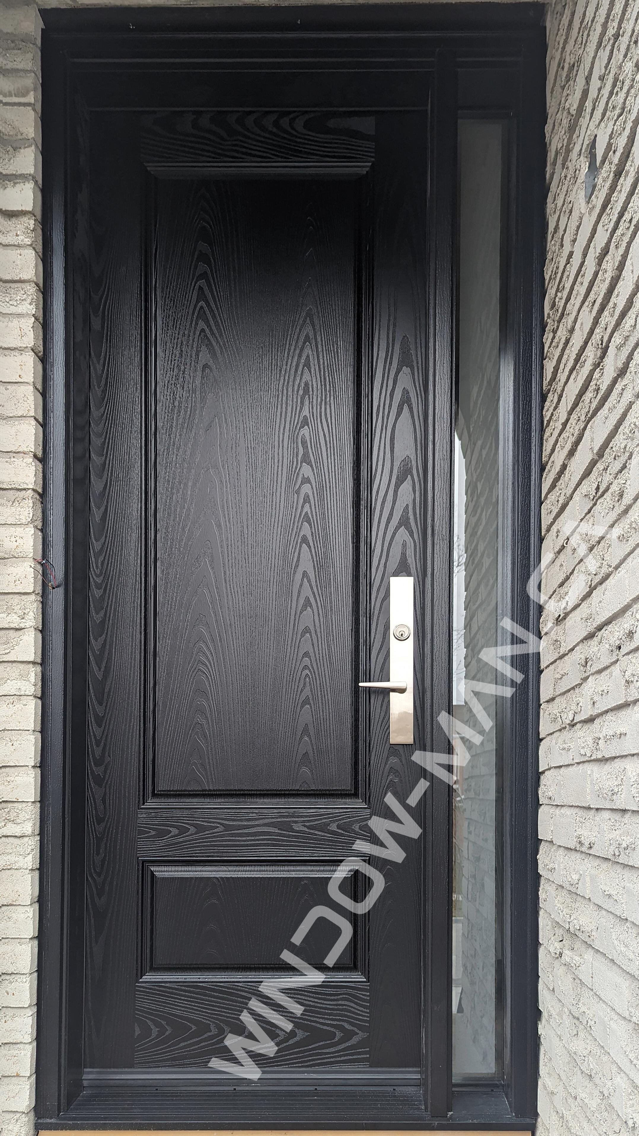 fiberglass outside door with sidelight in black private clear border glass with multi point lock oak grain, 8 foot, 96 inches