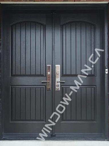 fiberglass outside doors double in black with 3 point locking system plank design wood grain