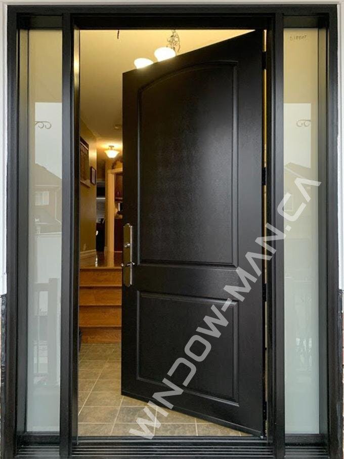 front door and side panels fiberglass stained in black with multi point locking system mahogany grain, 8 foot, wide 42 inch