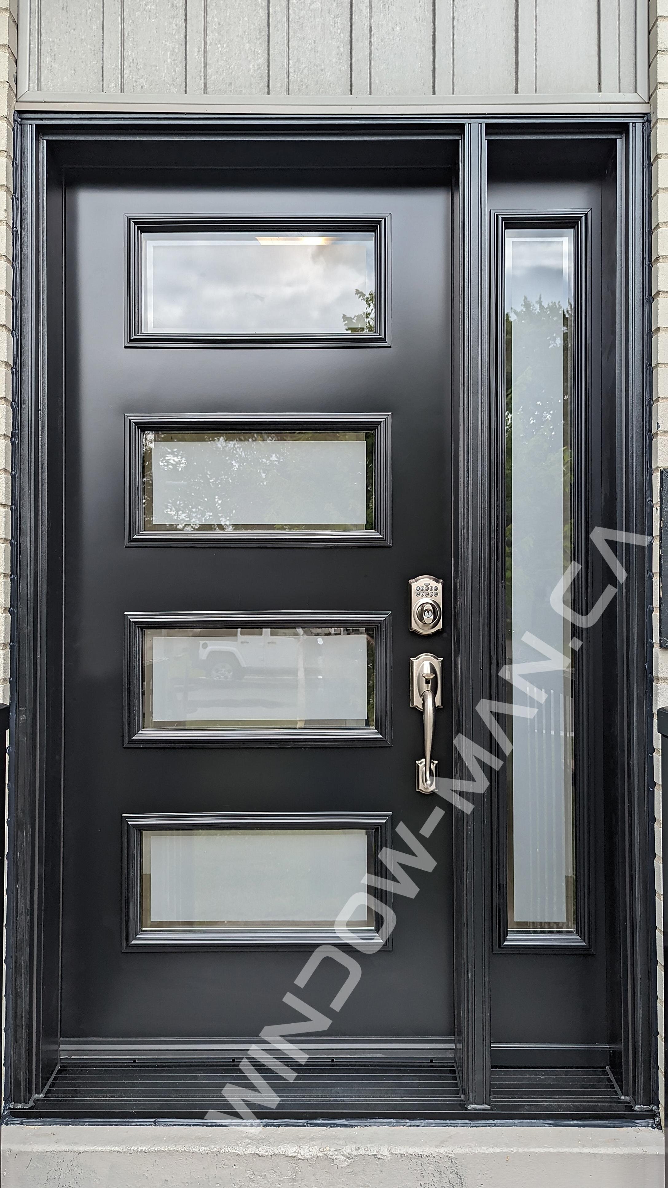 front door with side panel in black shaker frosted clear border glass