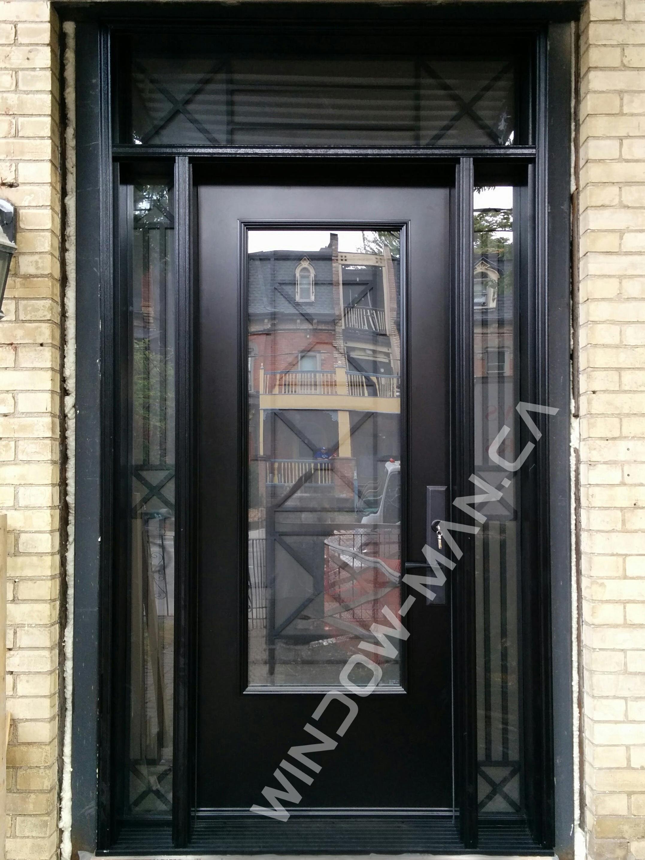 front door with sidelights and transom in black with century full wrought iron glass with multipoint lock 8 foot door, 96 inches