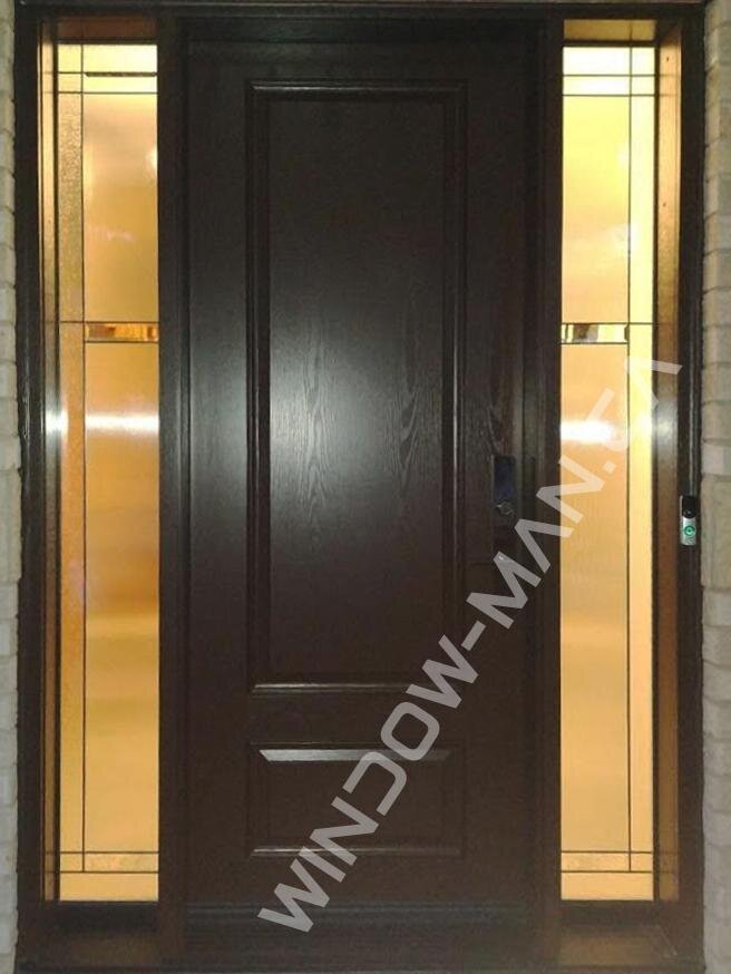 front door with small side window fiberglass in chestnut brown with multi point locking system oak grain, 8 foot, 96 inches