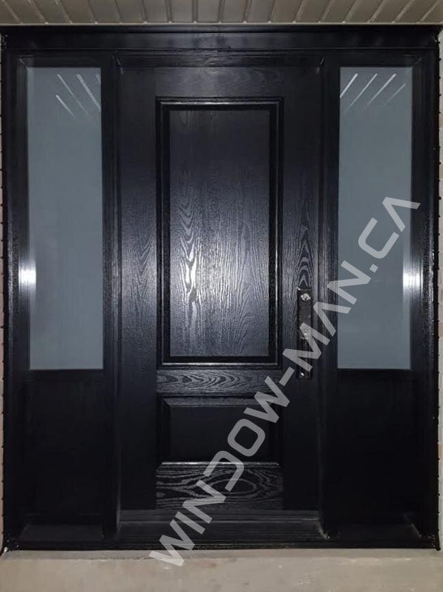 front entrance doors with glass fiberglass with sidelights in black oak grain