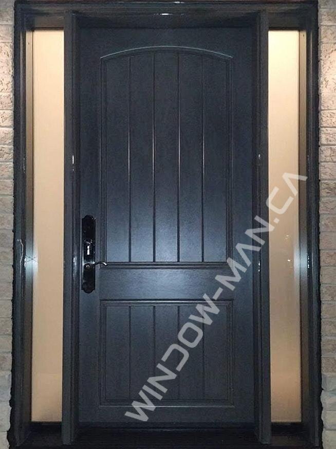 glass front door fiberglass with sidelights stained in grey with multi point lock plank mahogany grain, 40x96 inch