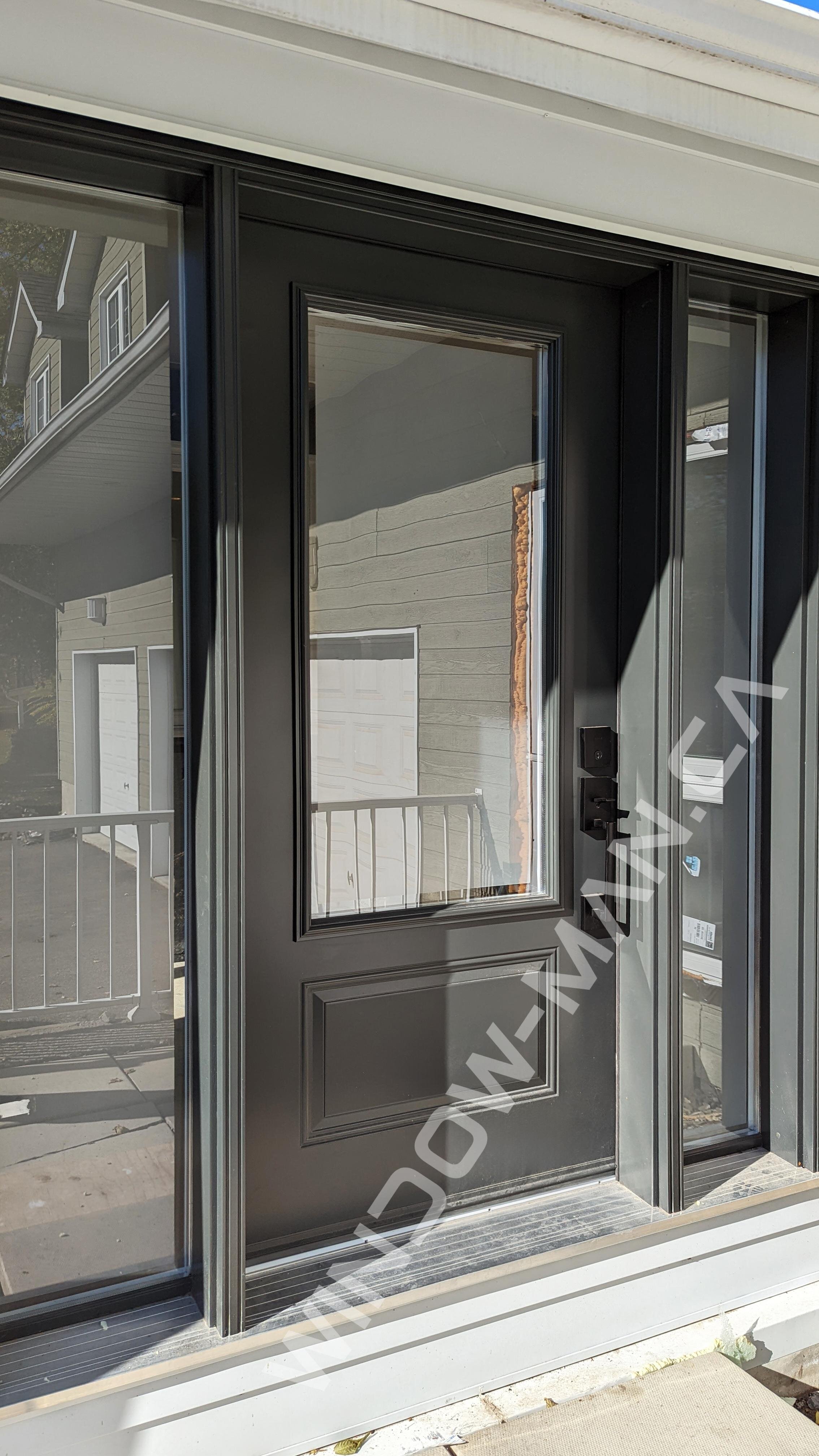 grey contemporary front door with sidelights in iron ore 3/4 private clear border glass wide sidelight, clear border glass,