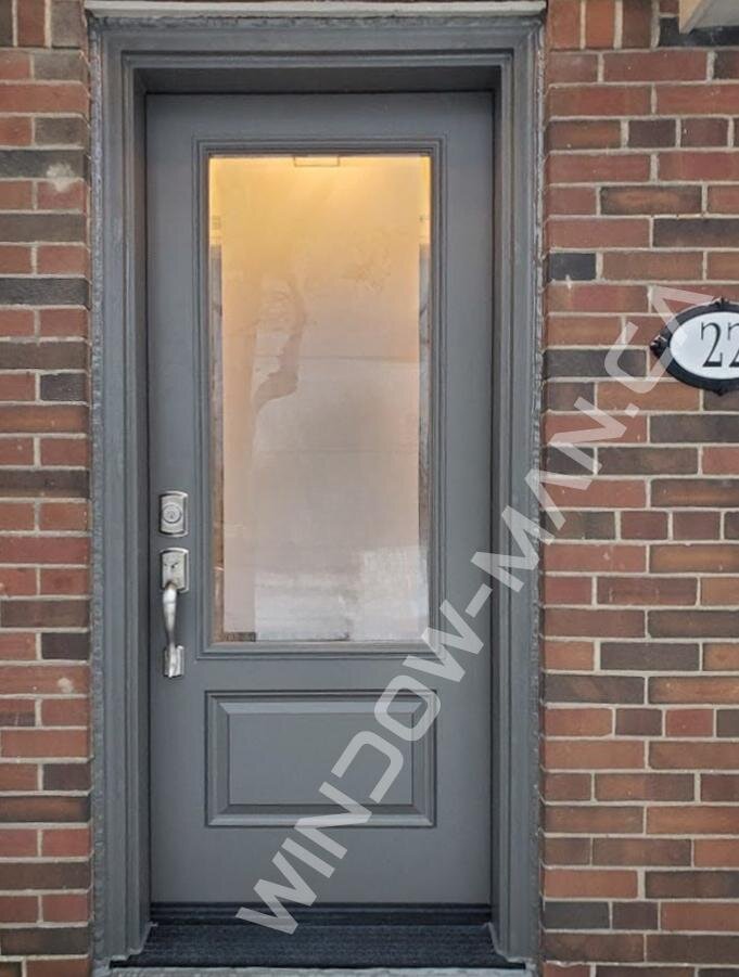 grey entrance door fiberglass single in windwswept smoke 3/4 obscure clear border glass oak grain